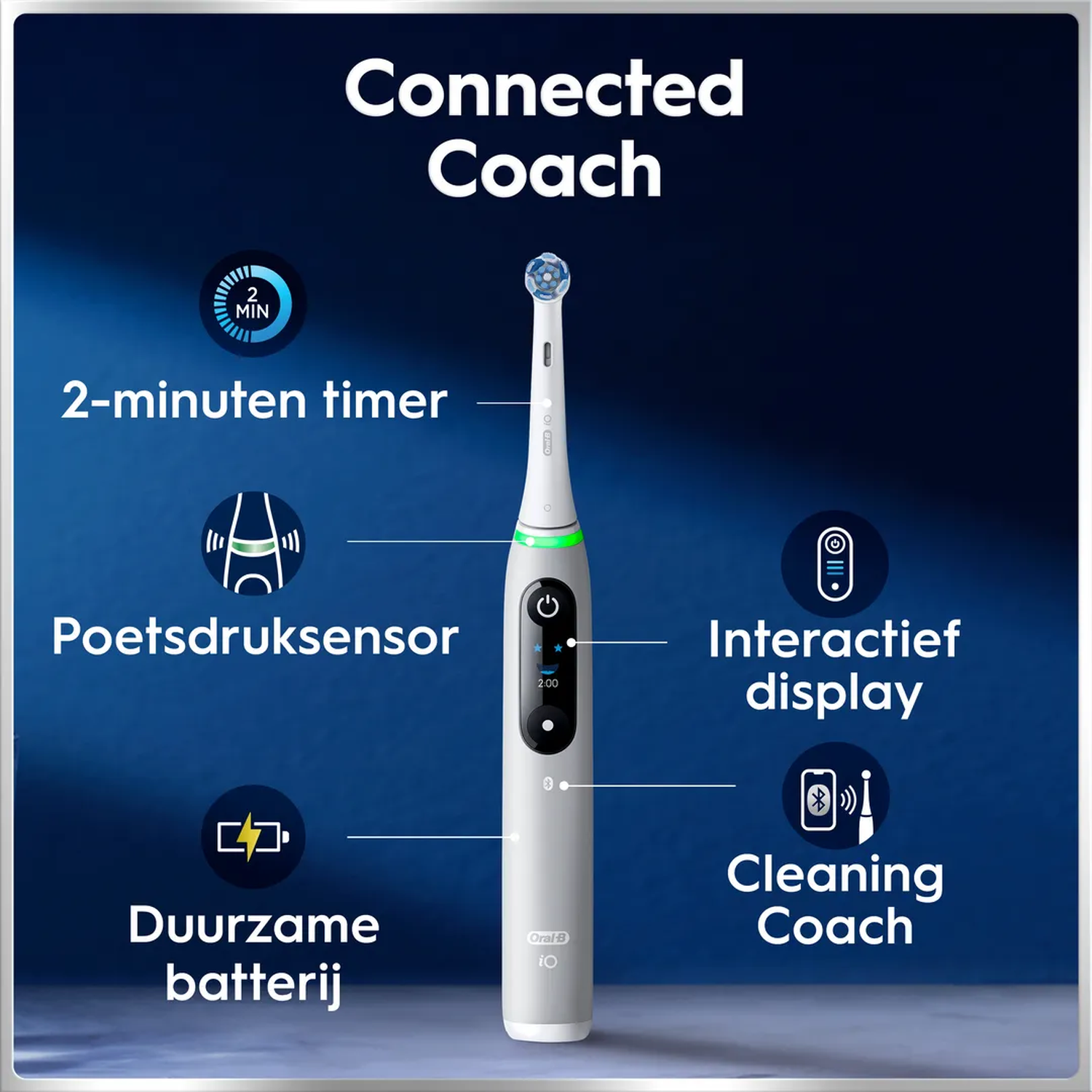 Electric toothbrush with 2-minute timer, pressure sensor, display, and battery.