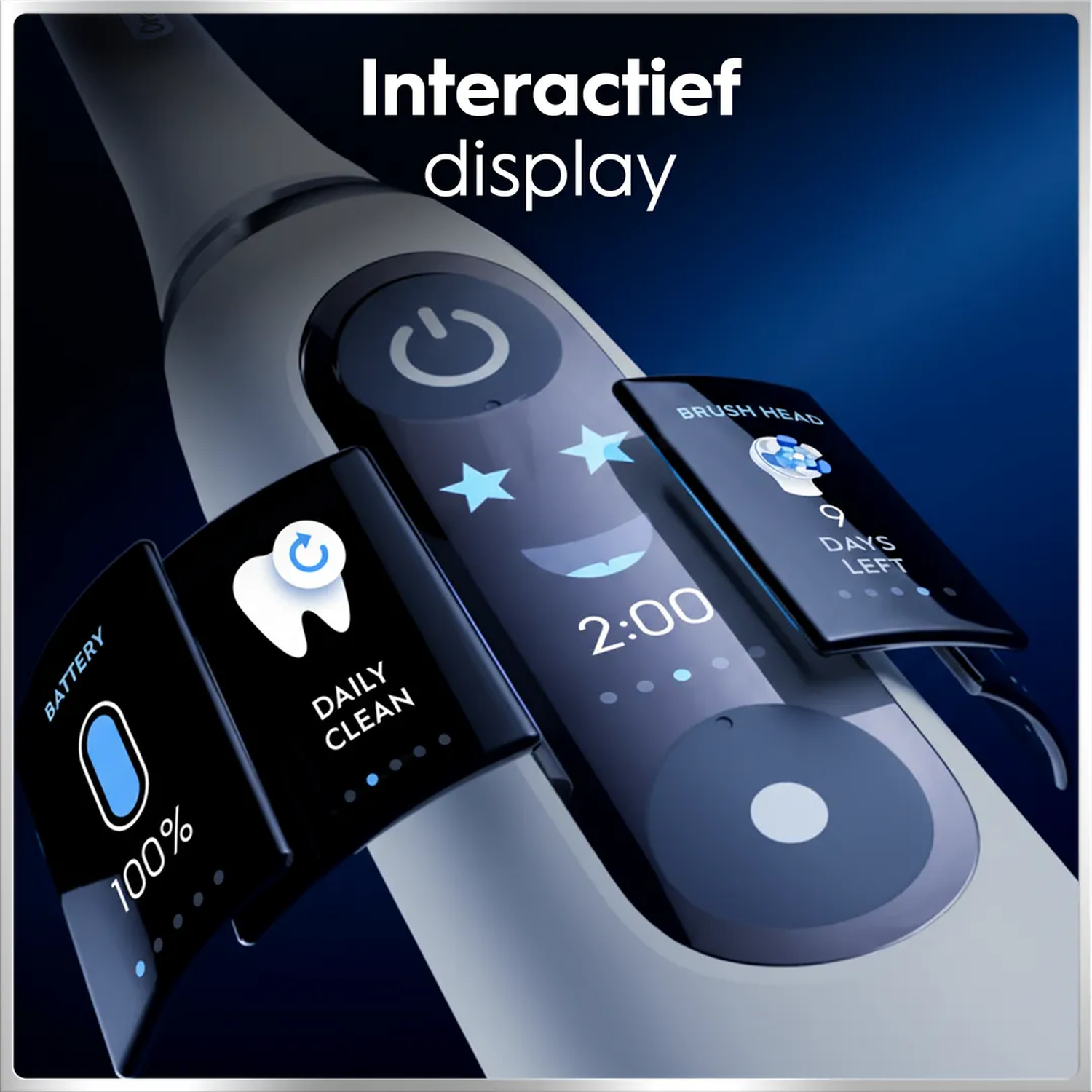 Electric toothbrush with interactive display showing: Battery 100%, Daily Clean, 9 days left.