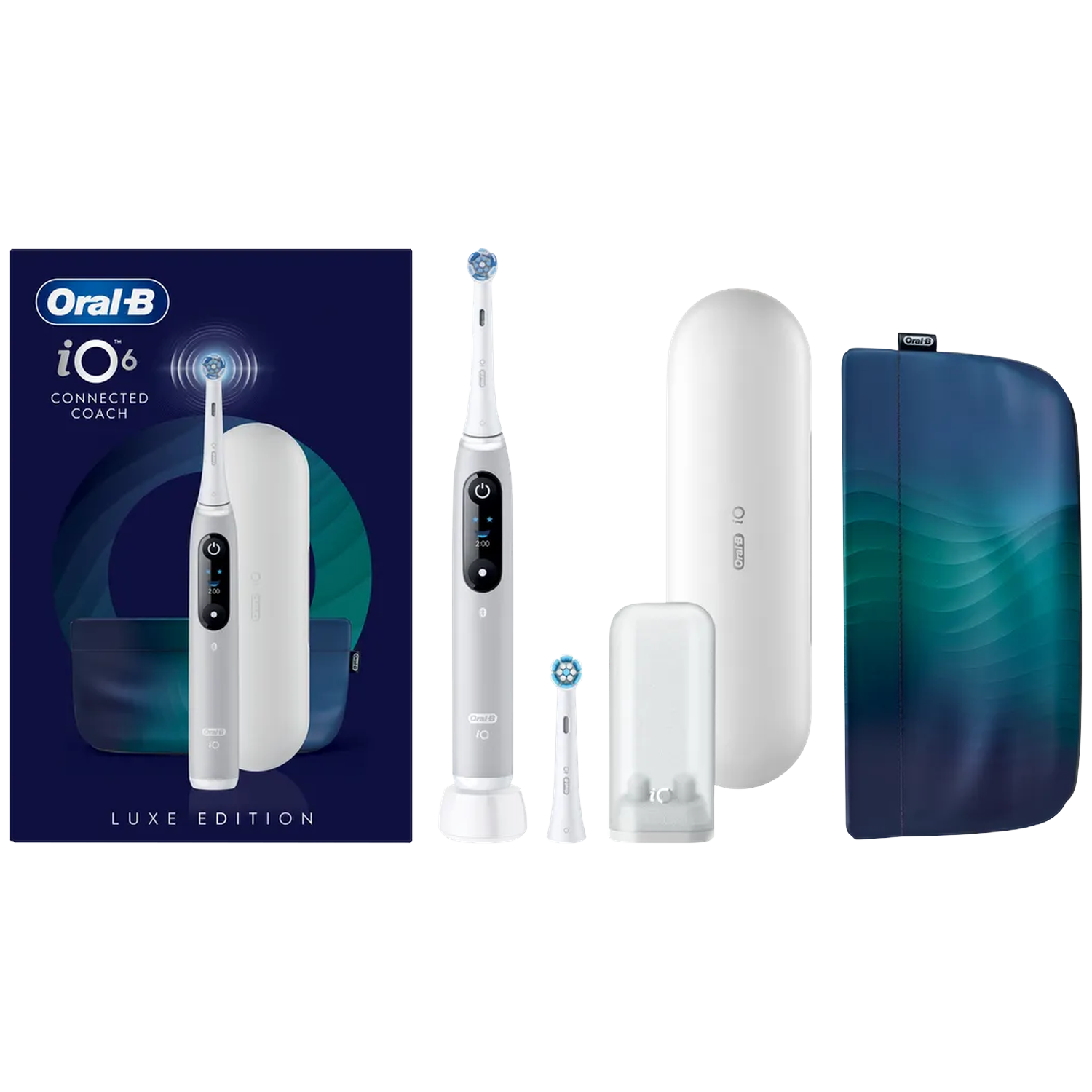 Oral-B iO 6 electric toothbrush, charging base, brush heads, and travel case.