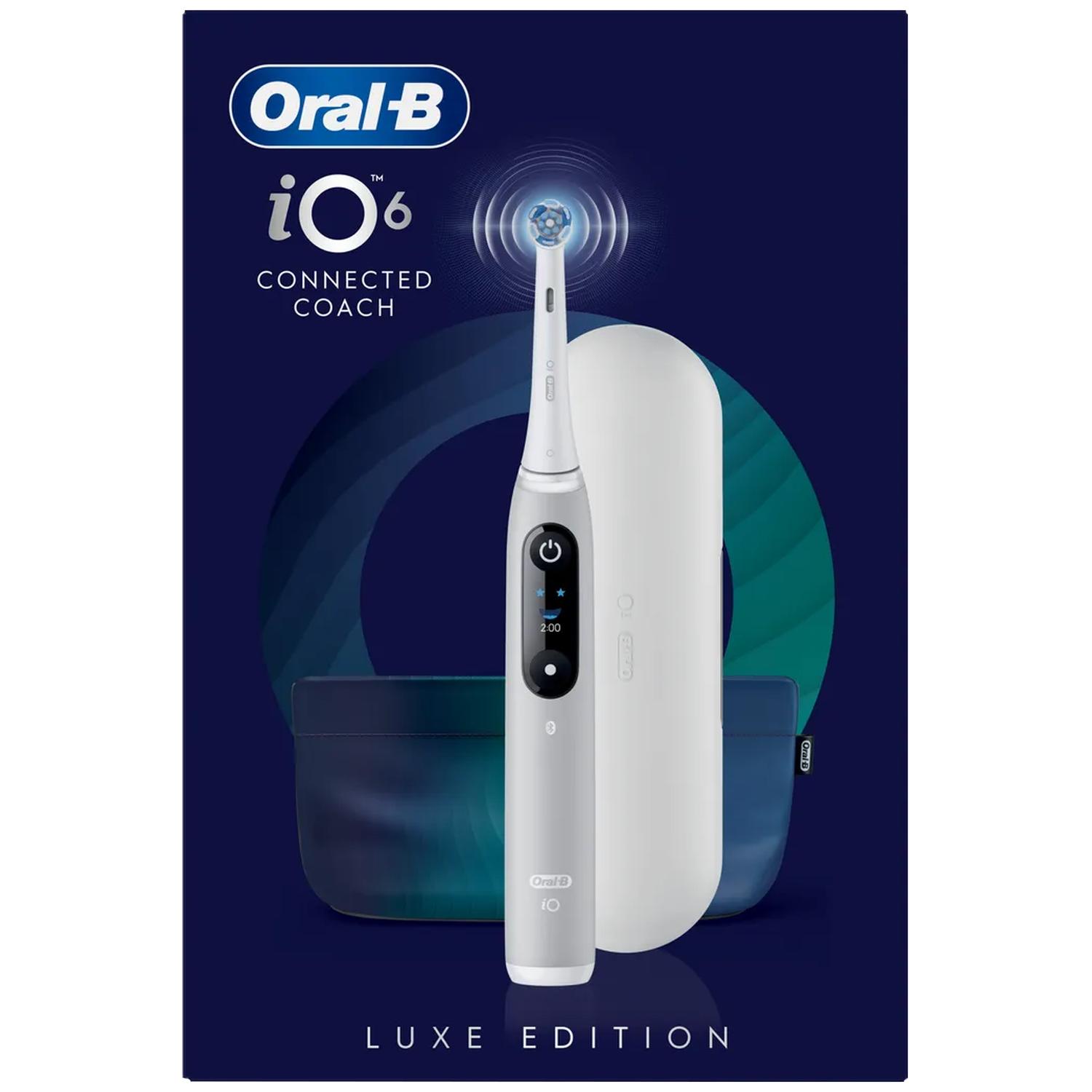 Gray Oral-B iO6 electric toothbrush with charging case and travel pouch.