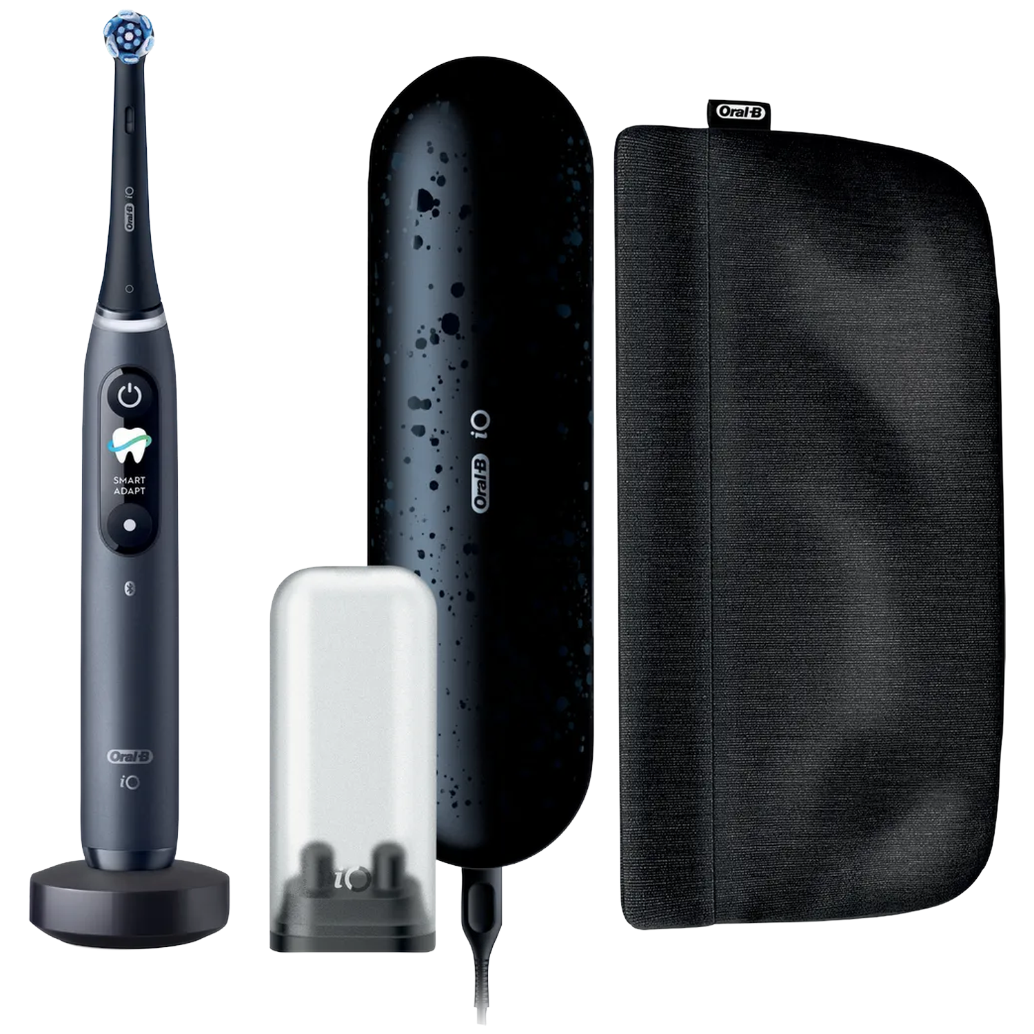 Donkergrijs Oral-B iO tandenborstel met oplaadstation, reisetui en hoes.