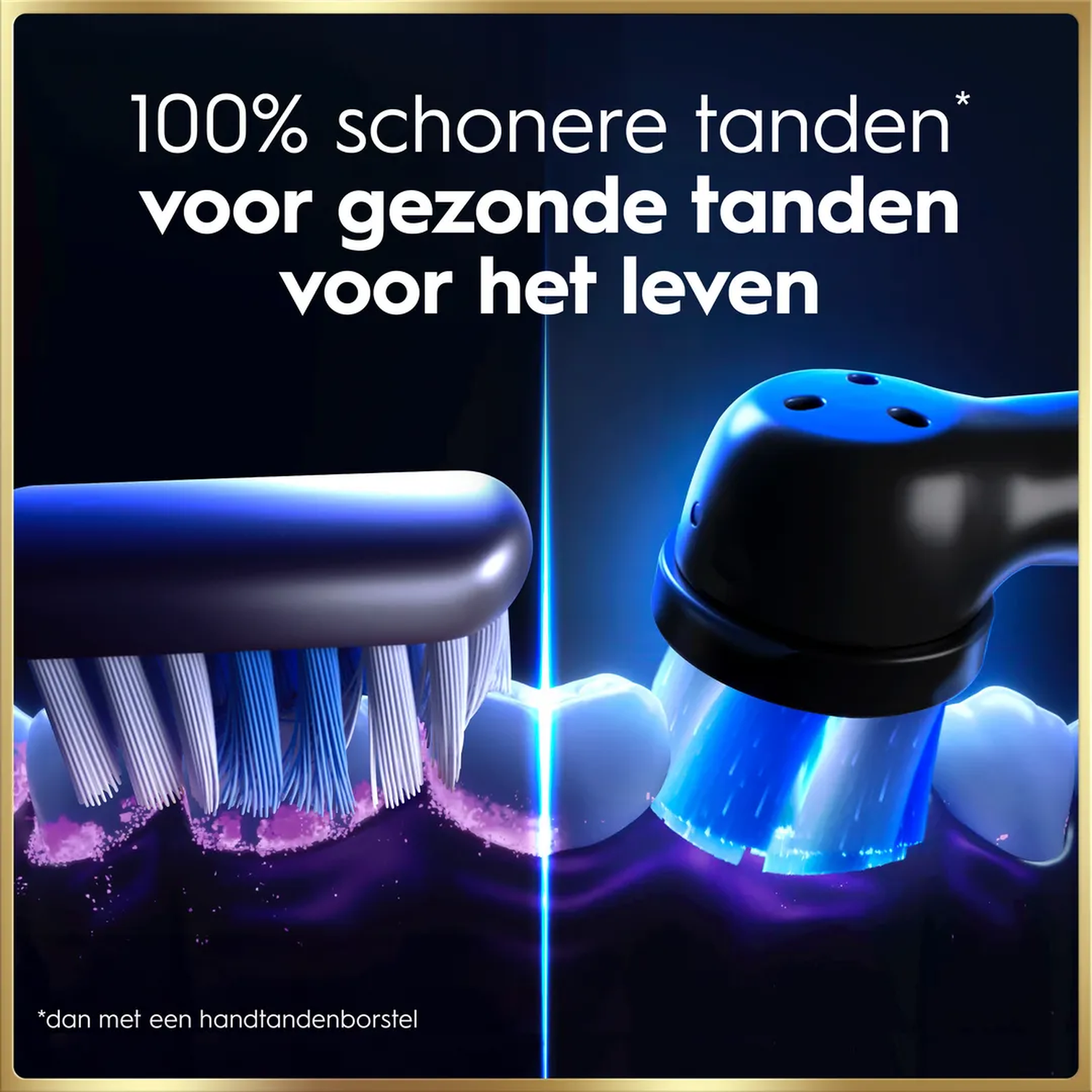 Elektrische tandenborstel reinigt tanden met blauw licht en paarse deeltjes.