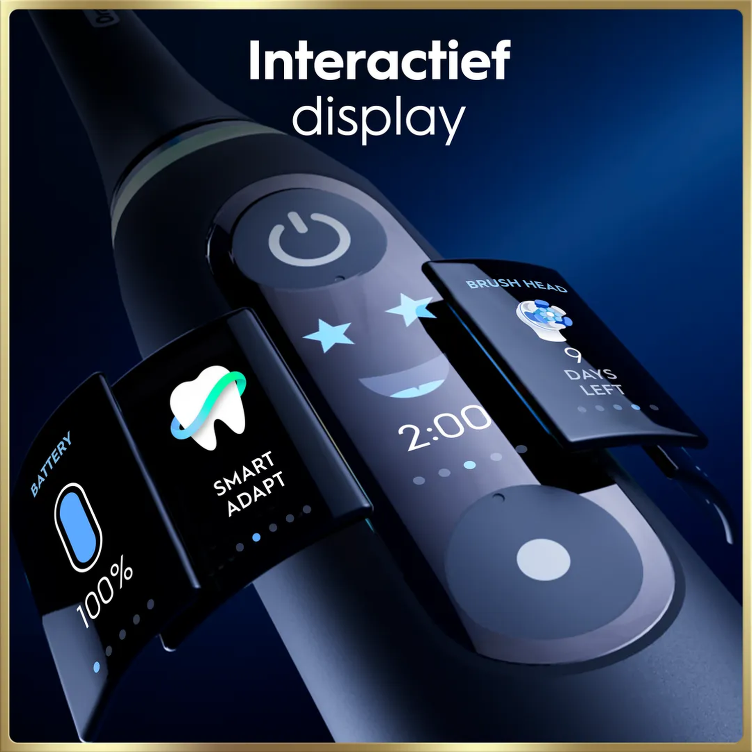 Zwarte elektrische tandenborstel met interactief display: batterij 100%, Smart Adapt, timer 2:00, opzetborstel 9 dagen.