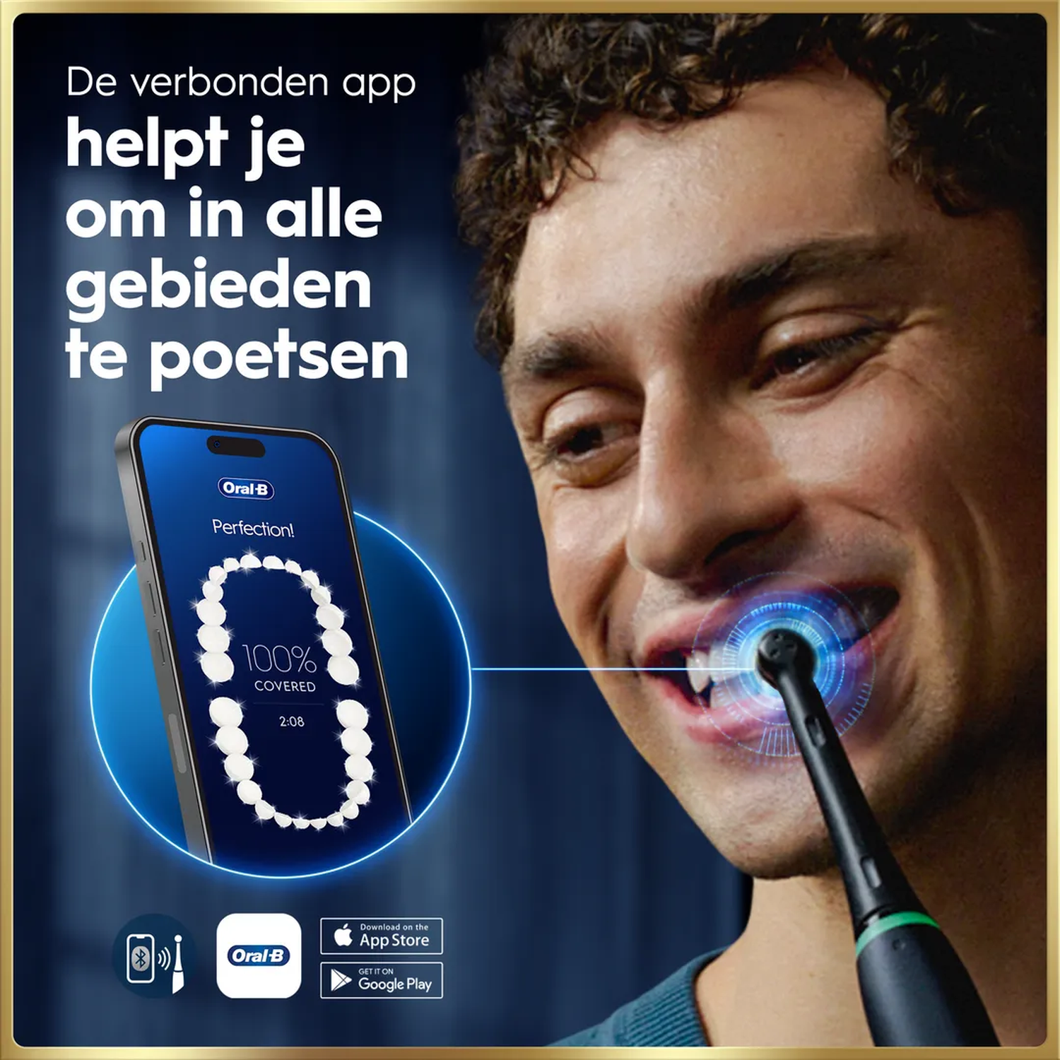 Man gebruikt Oral-B tandenborstel, app toont 100% dekking bij poetsen.