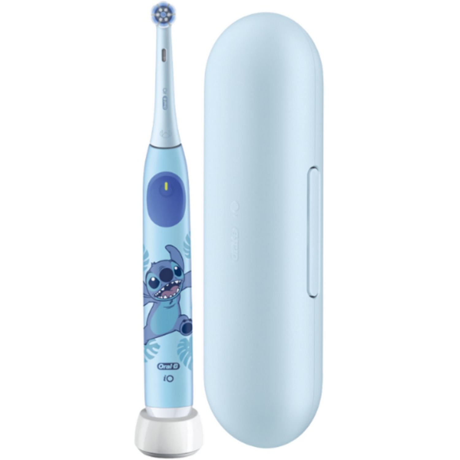 A light blue electric toothbrush with Stitch design and its charging case.
