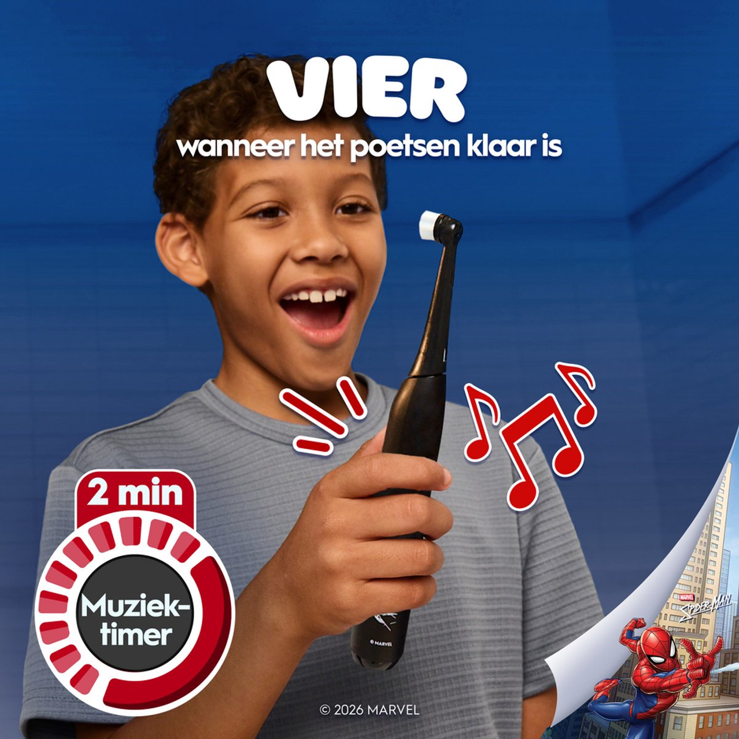 Boy laughs holding a toothbrush. Musical notes and Spiderman are visible.