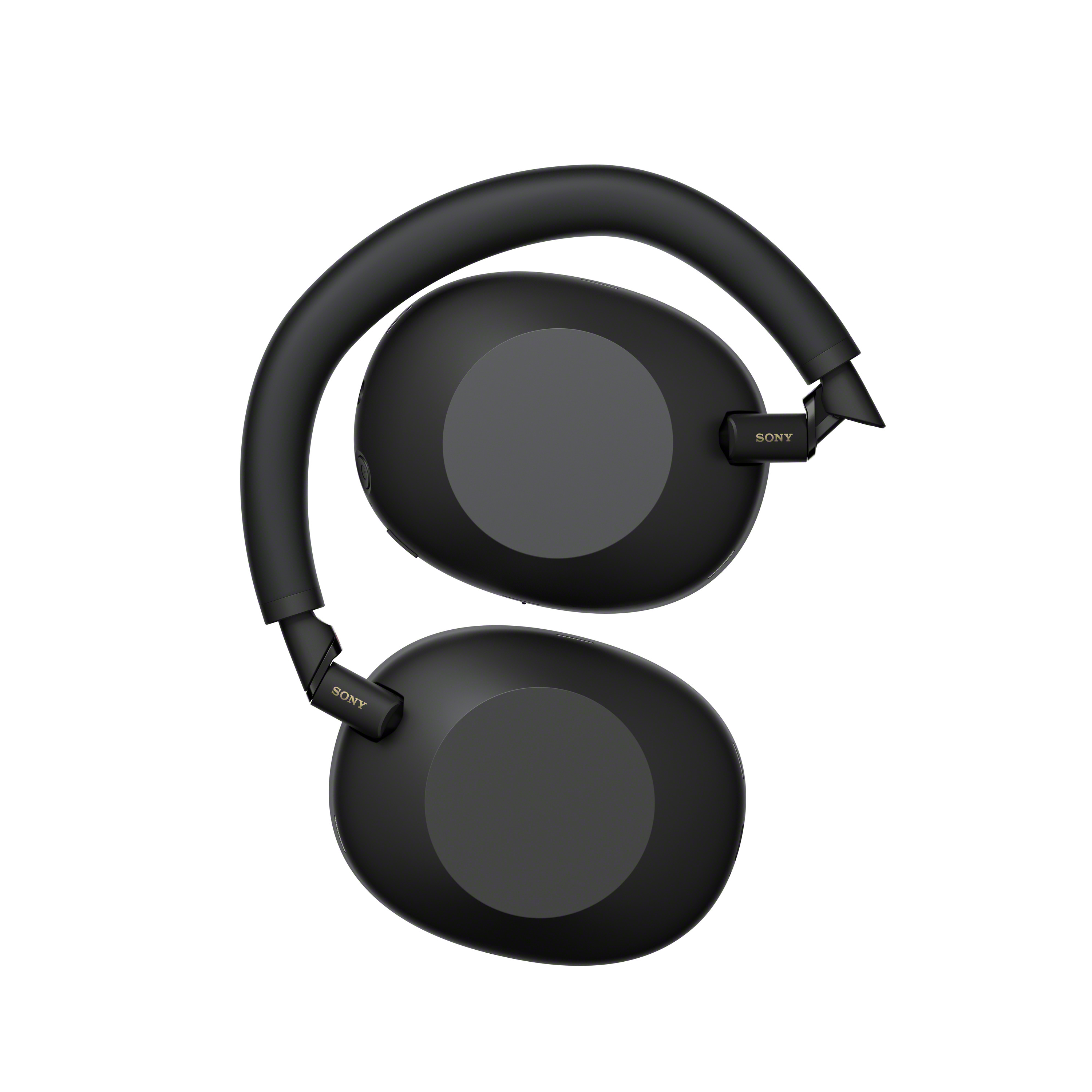 Cuffie Sony nere con logo Sony dorato, su sfondo bianco.