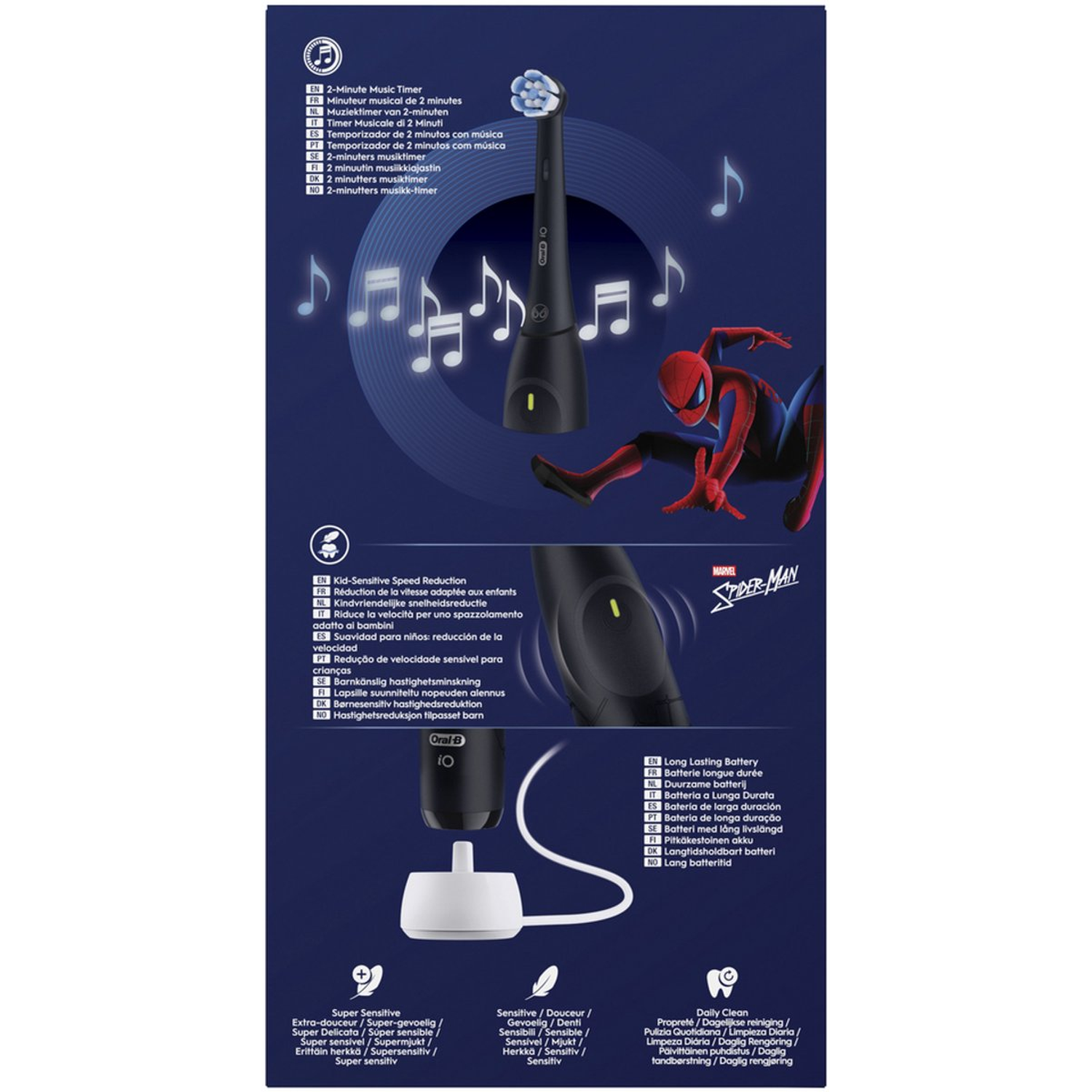 Electric toothbrush with Spider-Man design, music timer, 2 modes, and long battery life.
