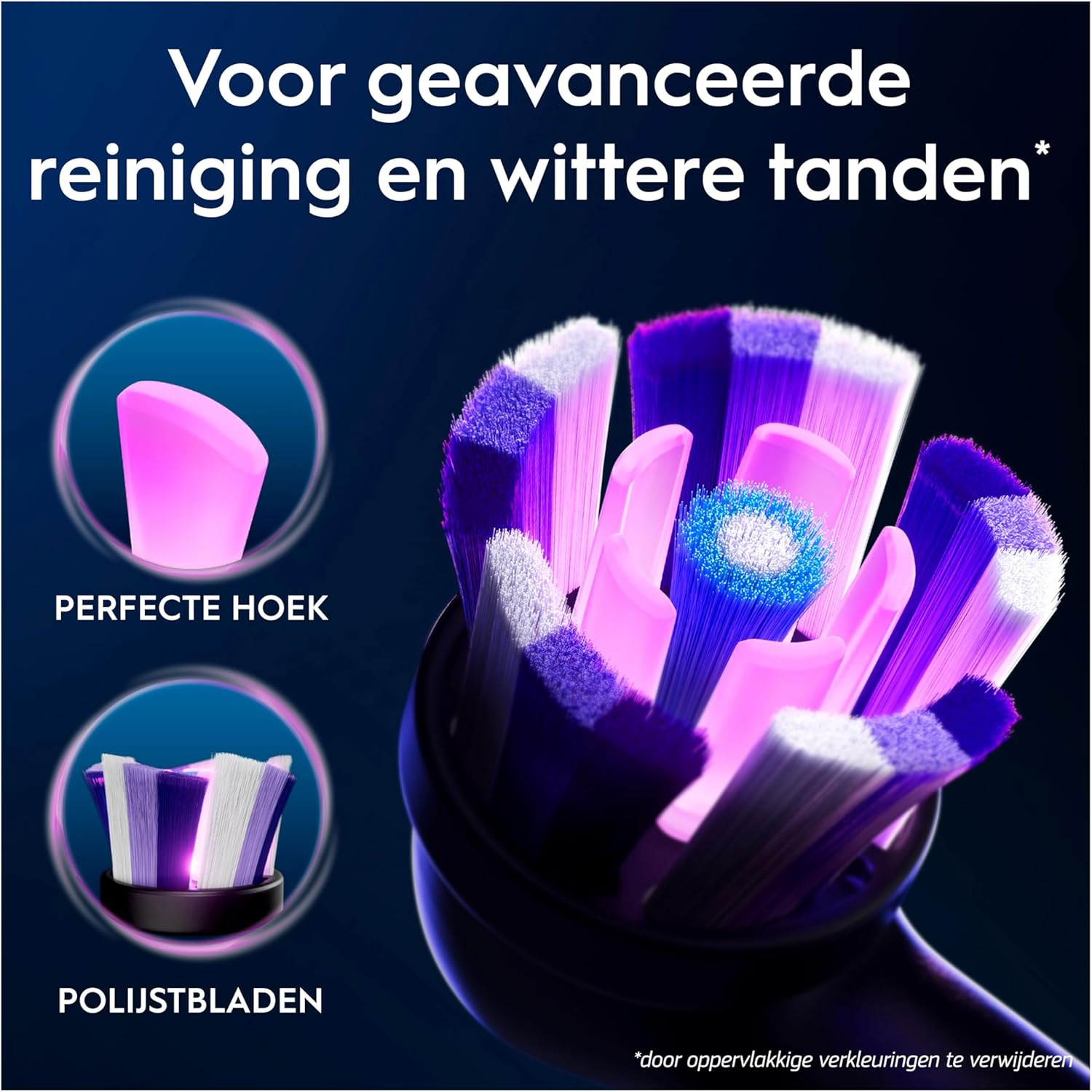 Close-up of an electric toothbrush head with purple bristles and polishing elements.