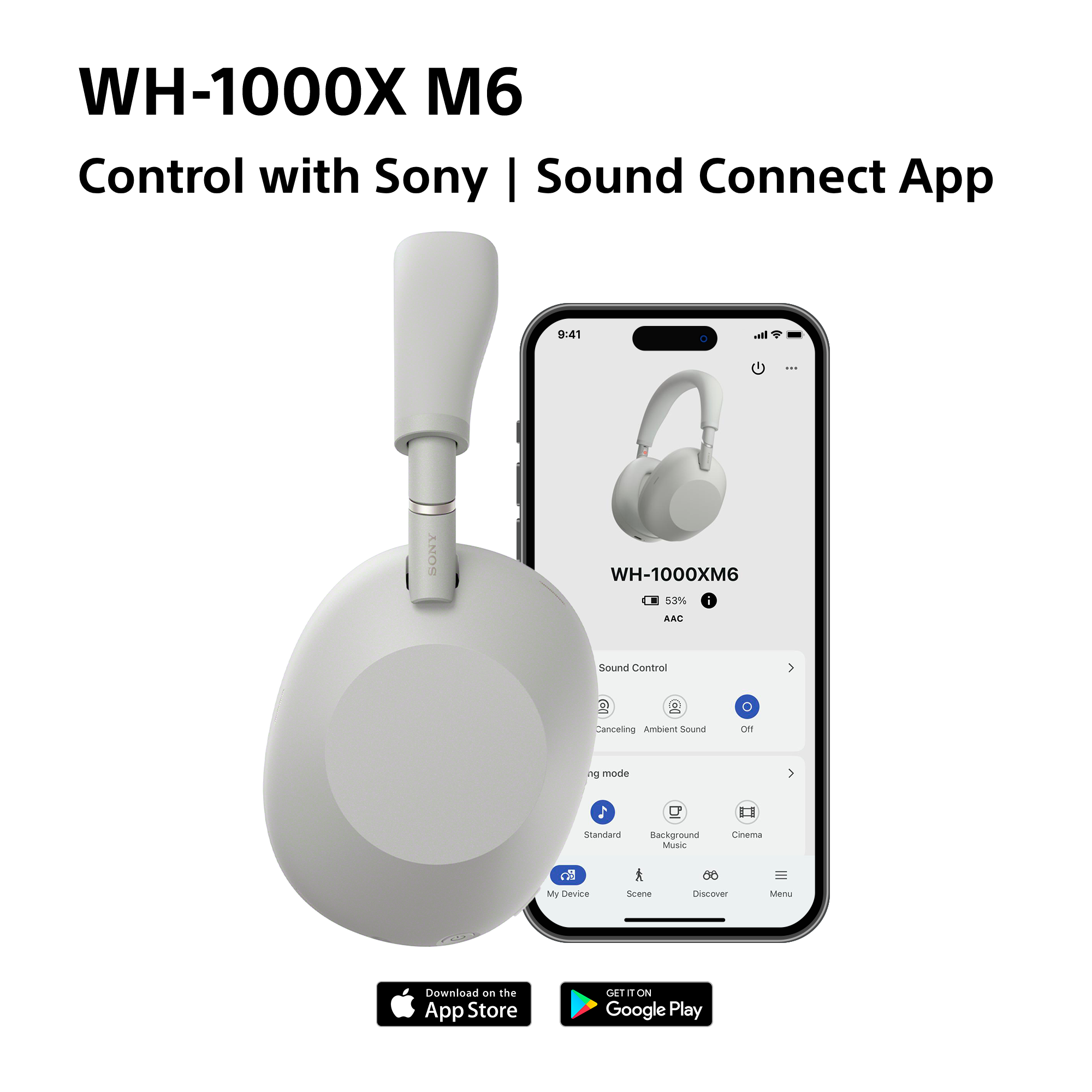 Graue Sony WH-1000XM6 Kopfhörer neben einem Smartphone mit der App.