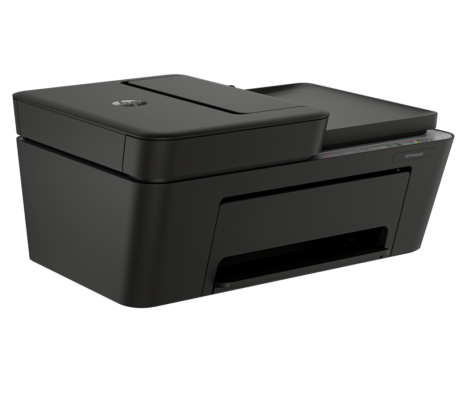Una impresora HP DeskJet negra con escáner y copiadora sobre fondo blanco.