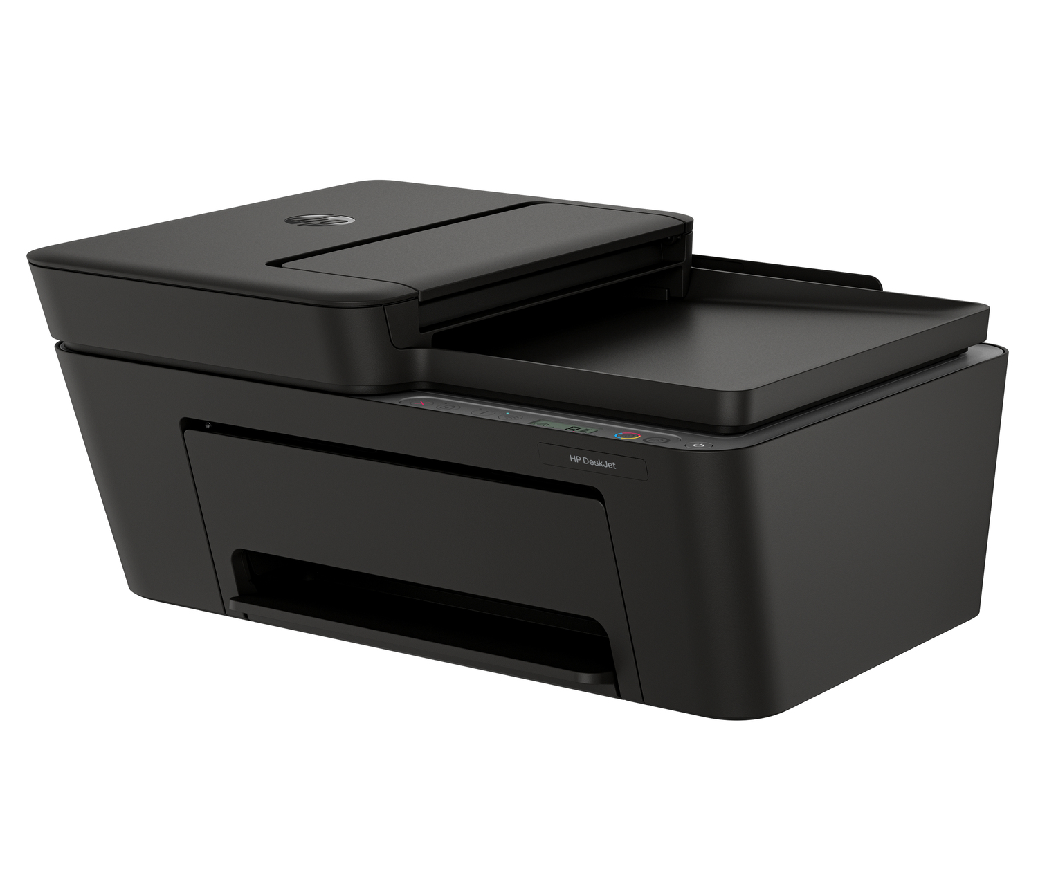 Impresora HP DeskJet negra con tapa del escáner abierta y bandeja extendida.