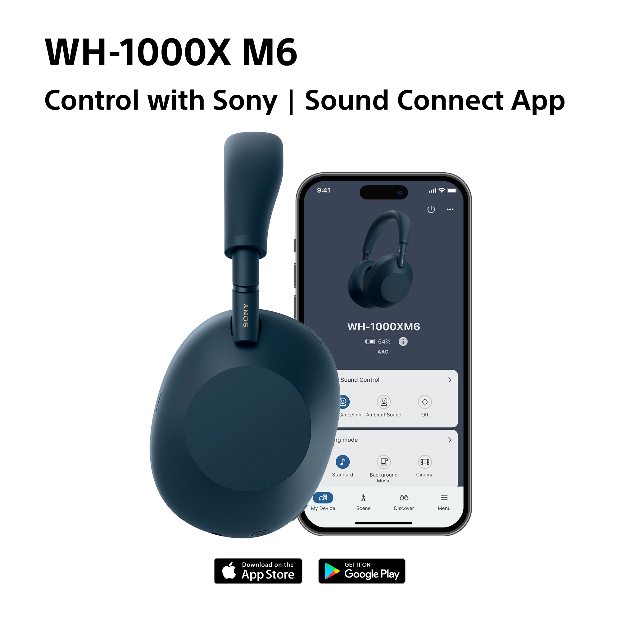Sony WH-1000XM6 Kopfhörer neben einem Smartphone mit der Sony App.