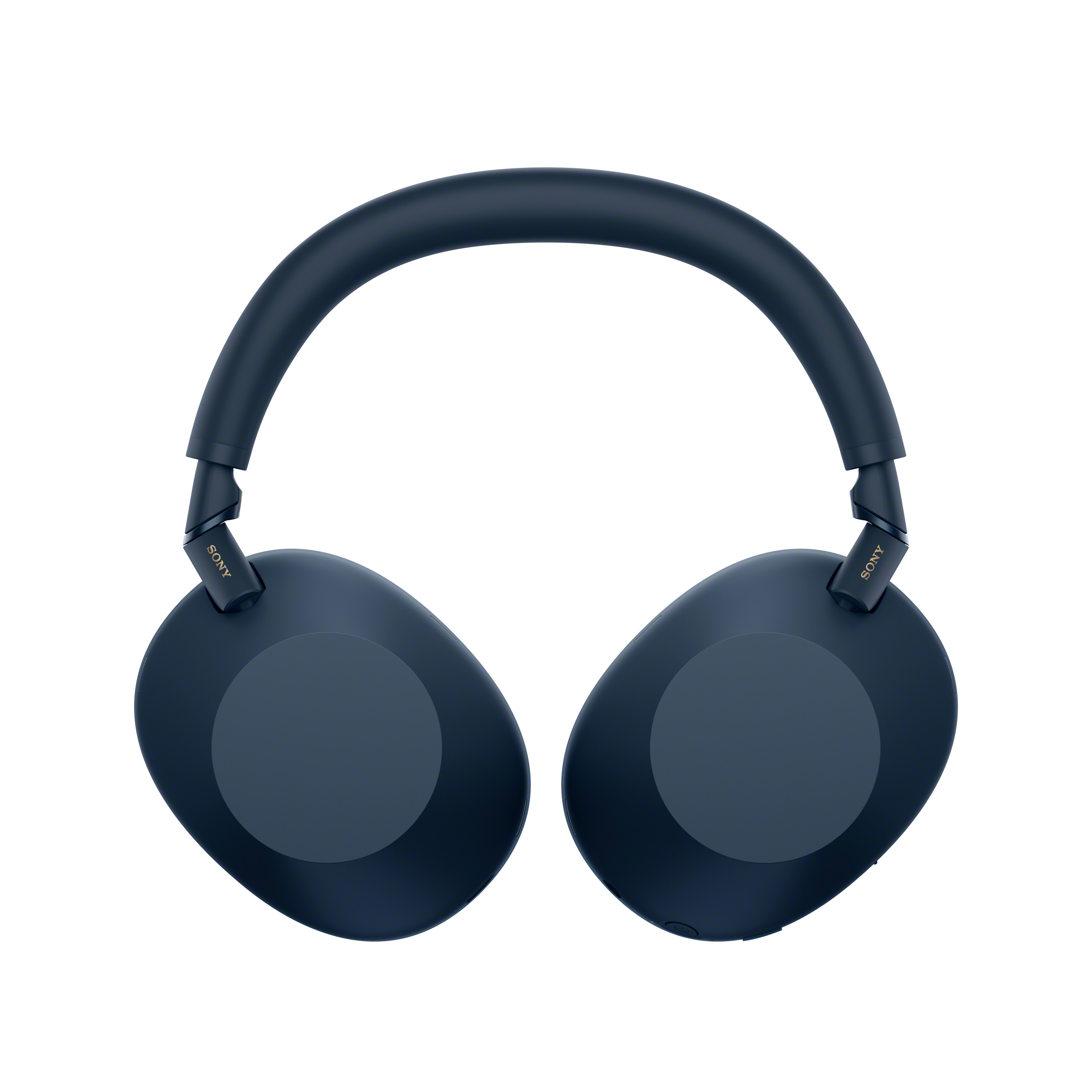 Dunkelblaue Kopfhörer mit silbernem Sony-Logo auf den Ohrmuscheln.