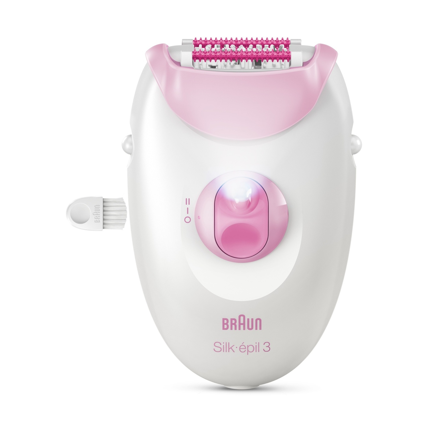 Un epilatore bianco con accenti rosa e un accessorio.