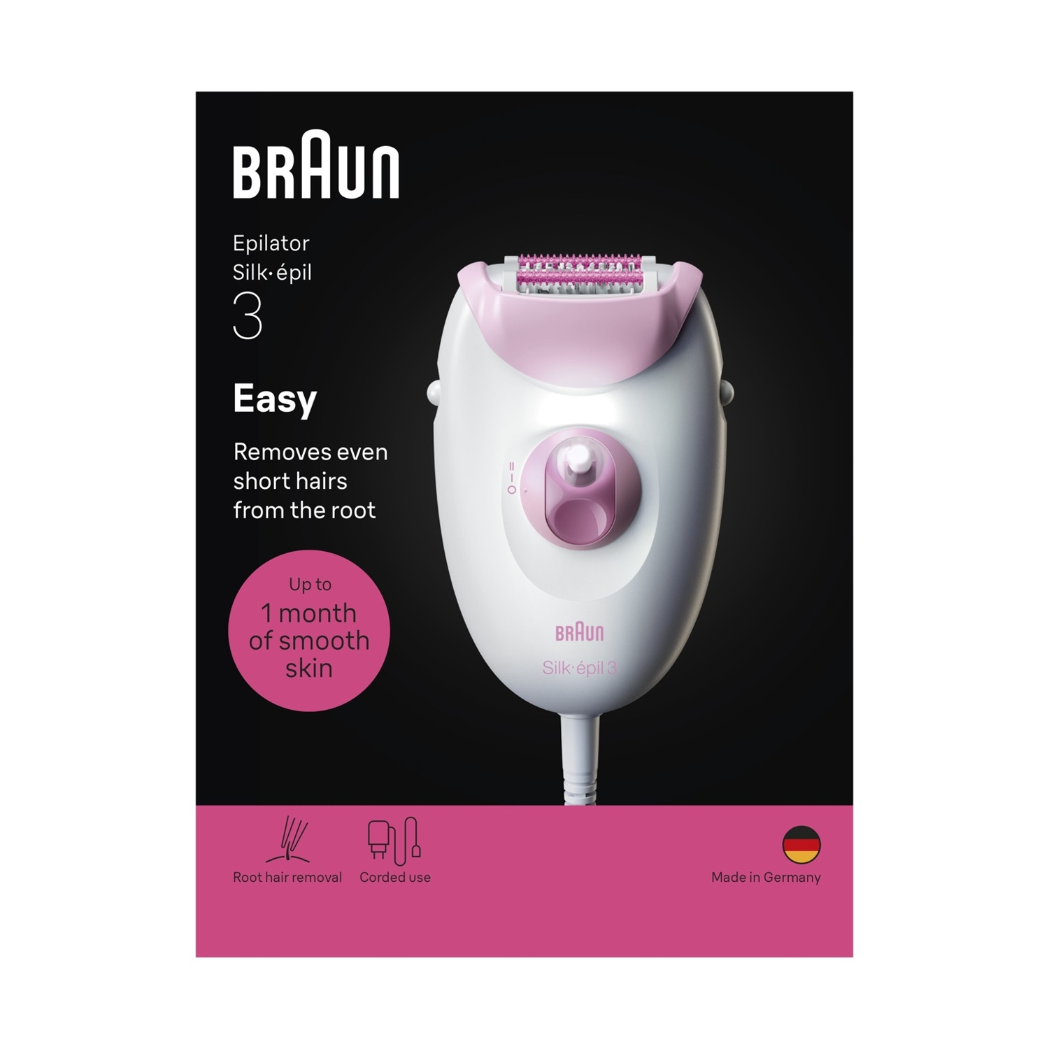 Un epilatore Braun bianco e rosa su sfondo nero. Con testo.