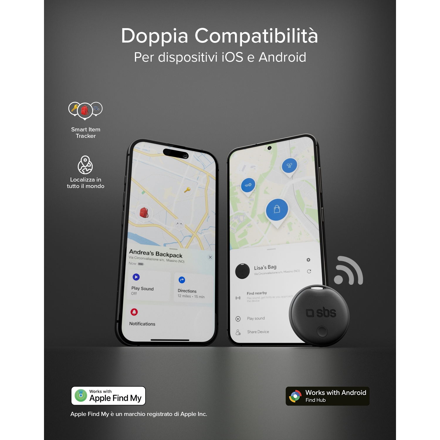 Due smartphone mostrano l'app SBS Item Tracker con mappe e notifiche.