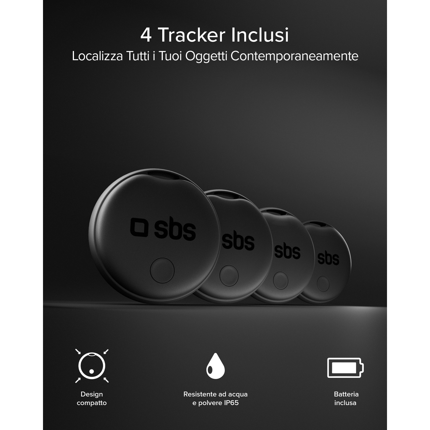 Quattro tracker rotondi neri uno accanto all'altro. Icone mostrano design, resistenza all'acqua e batteria.