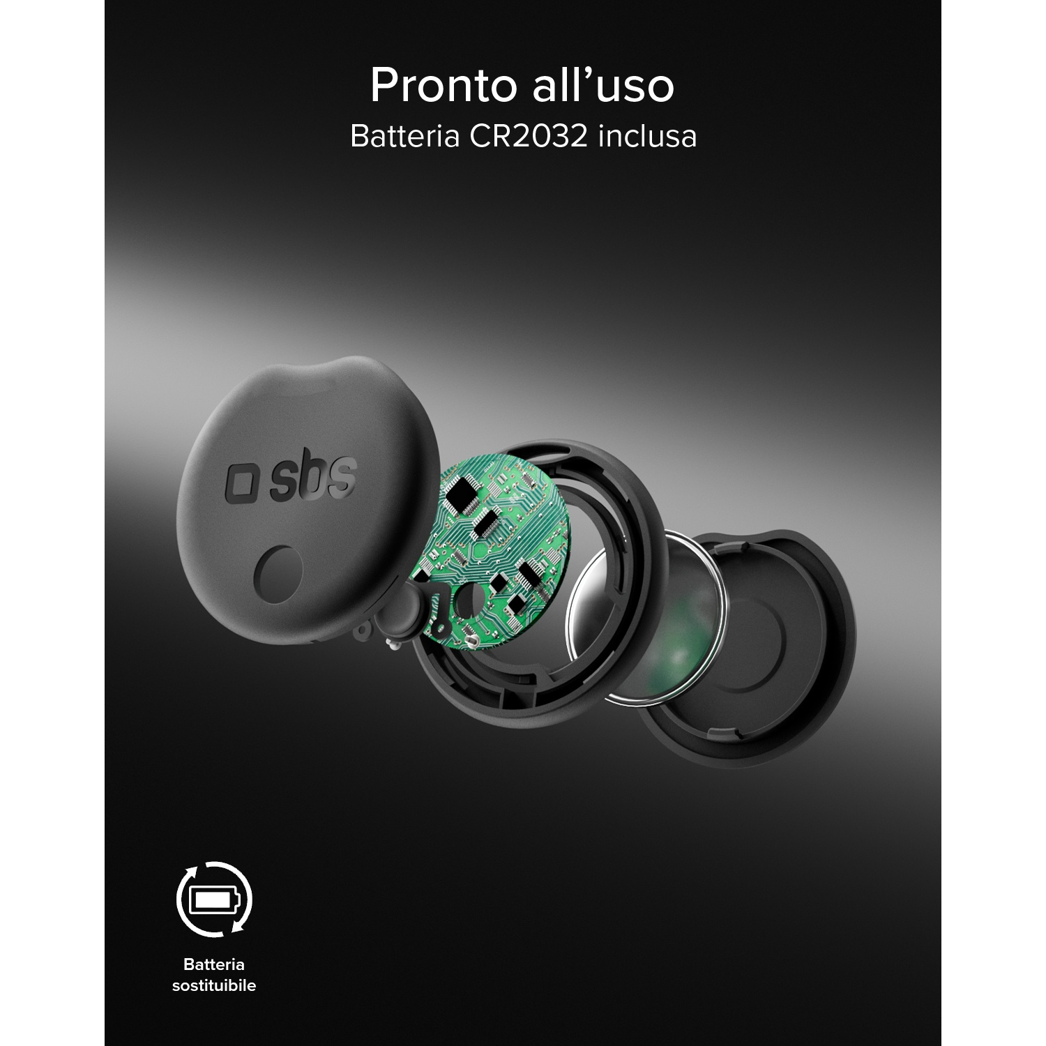 Un dispositivo nero e rotondo è aperto, mostra circuito, batteria e anelli.