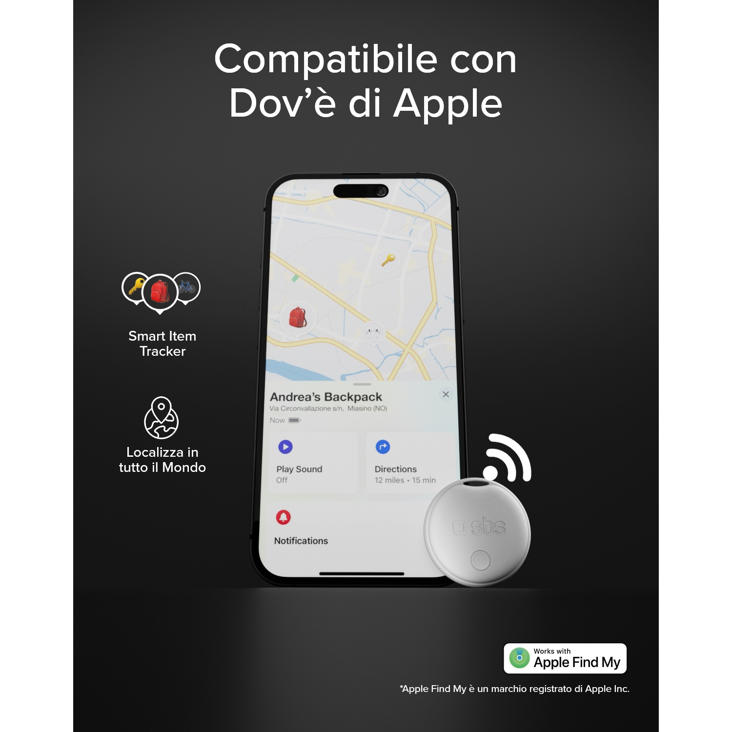 Un tracker bianco accanto a un iPhone che mostra l'app Dov'è di Apple.