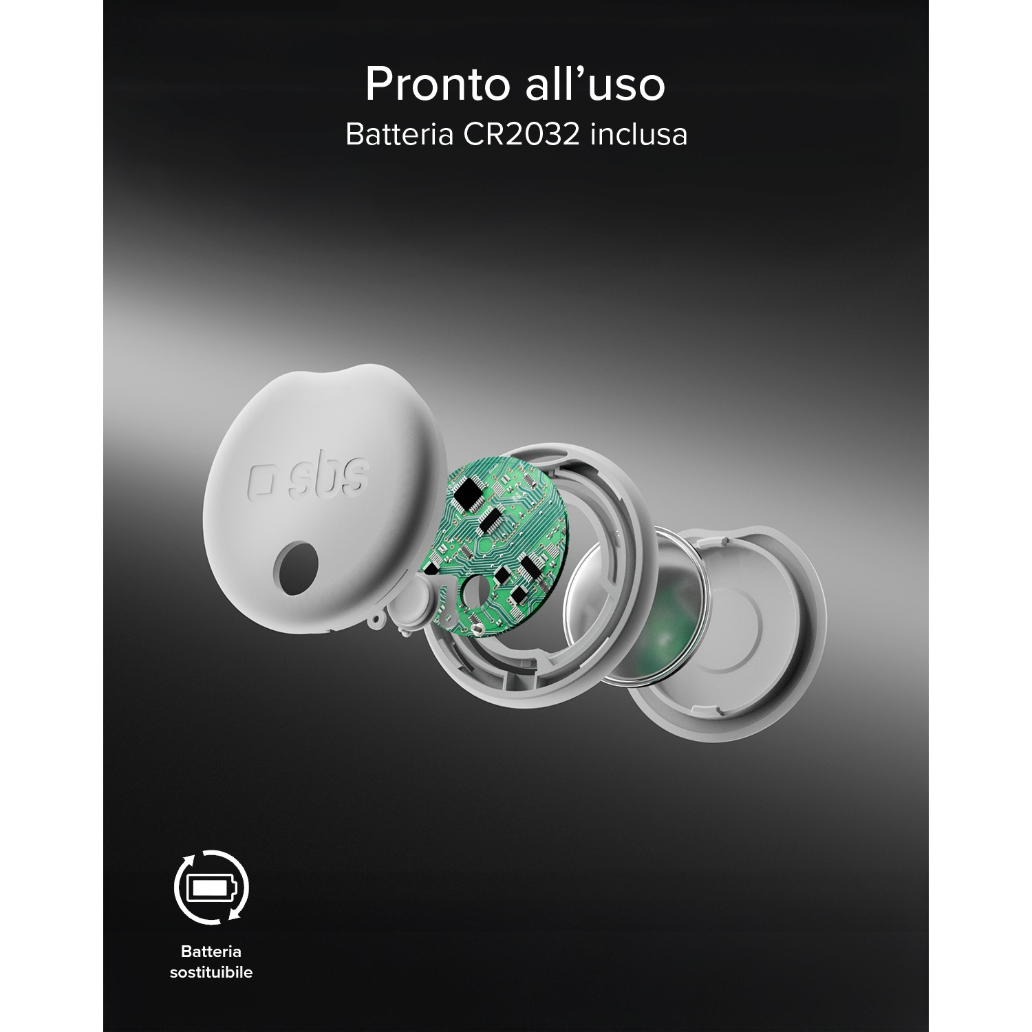 Vista esplosa di una custodia bianca con circuito stampato e batteria.