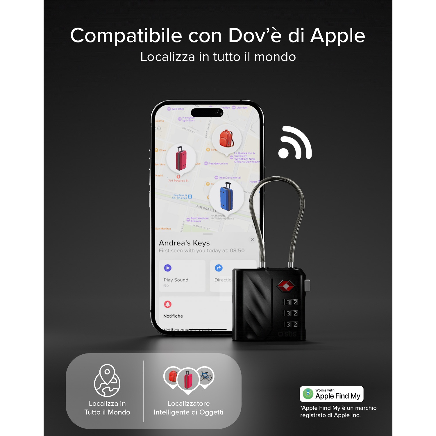 Un lucchetto TSA nero con combinazione accanto a uno smartphone che mostra una mappa con icone bagaglio.