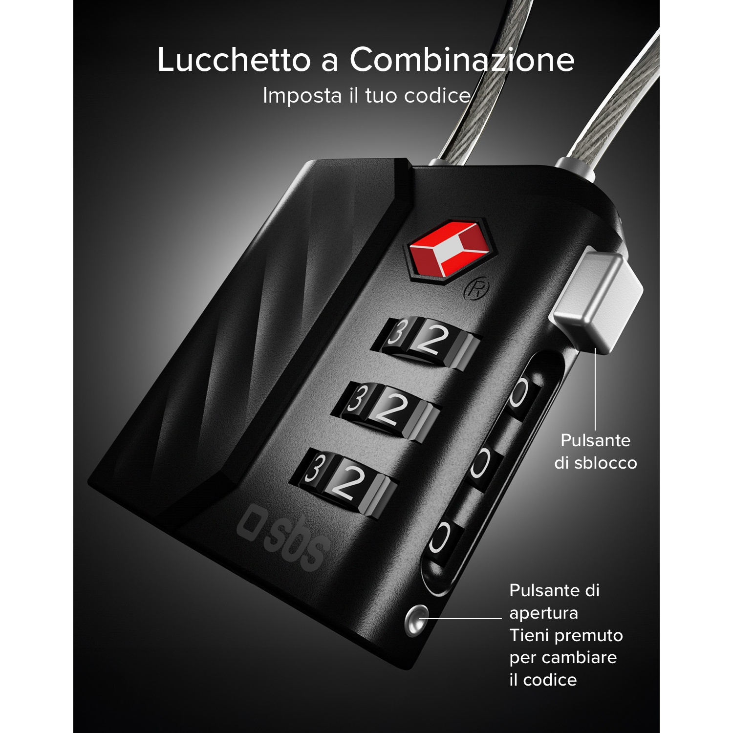 Lucchetto TSA nero a combinazione con pulsante di sblocco argentato e logo TSA rosso.
