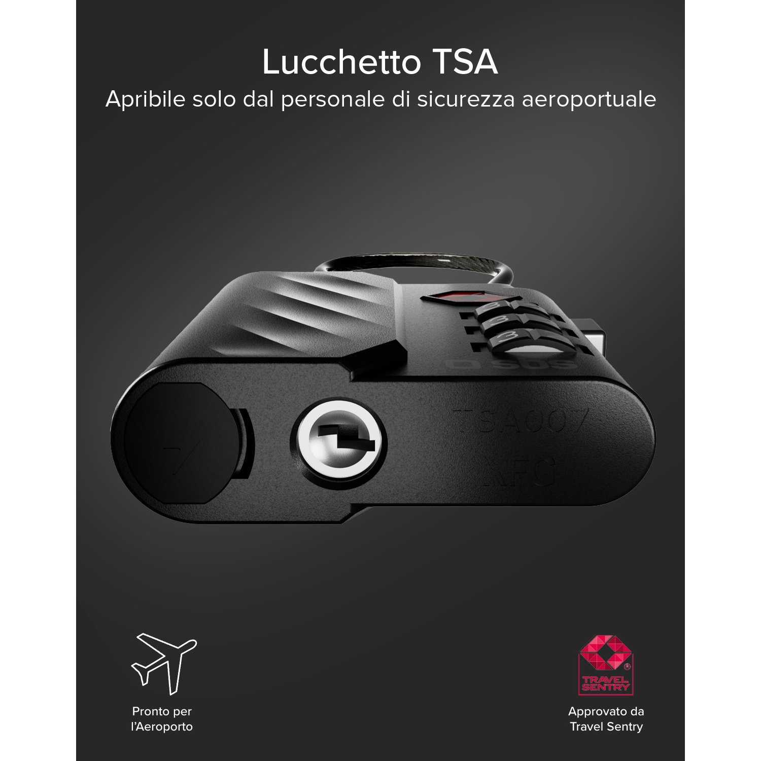 Lucchetto TSA nero con combinazione e logo TSA in basso.