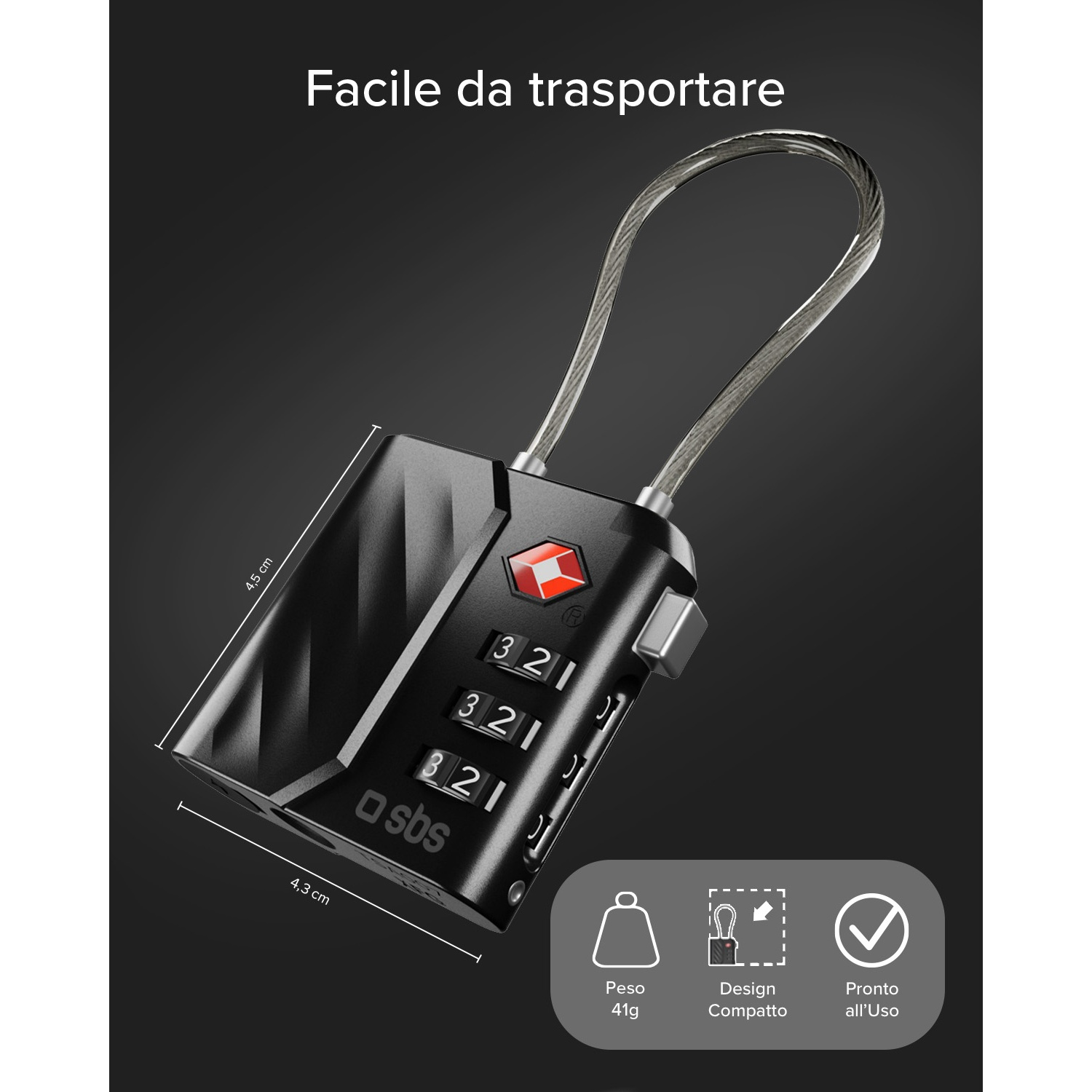 Lucchetto TSA nero con cavo argento e dettagli rossi. Misure 4.5x4.3cm.