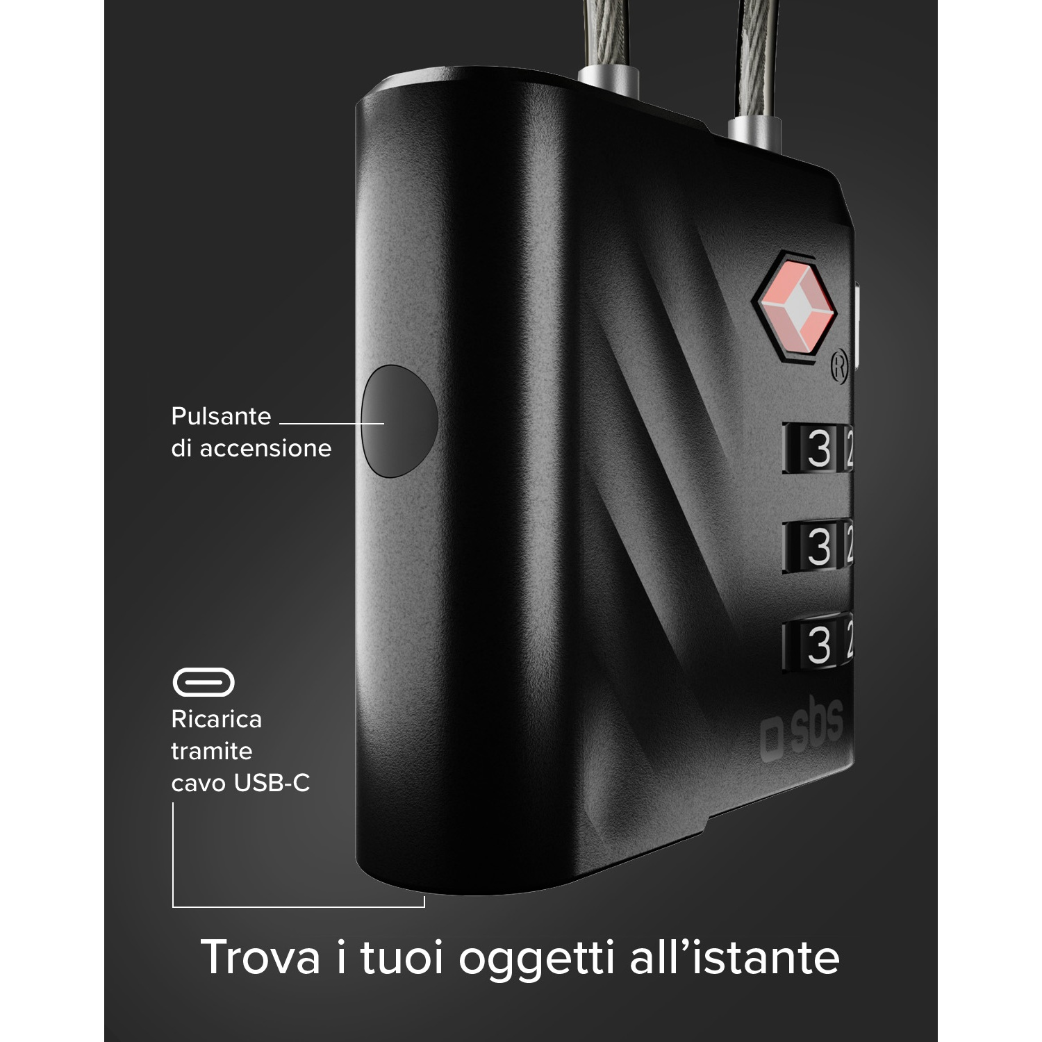 Tracciatore bagagli nero con rotella e porta USB-C.