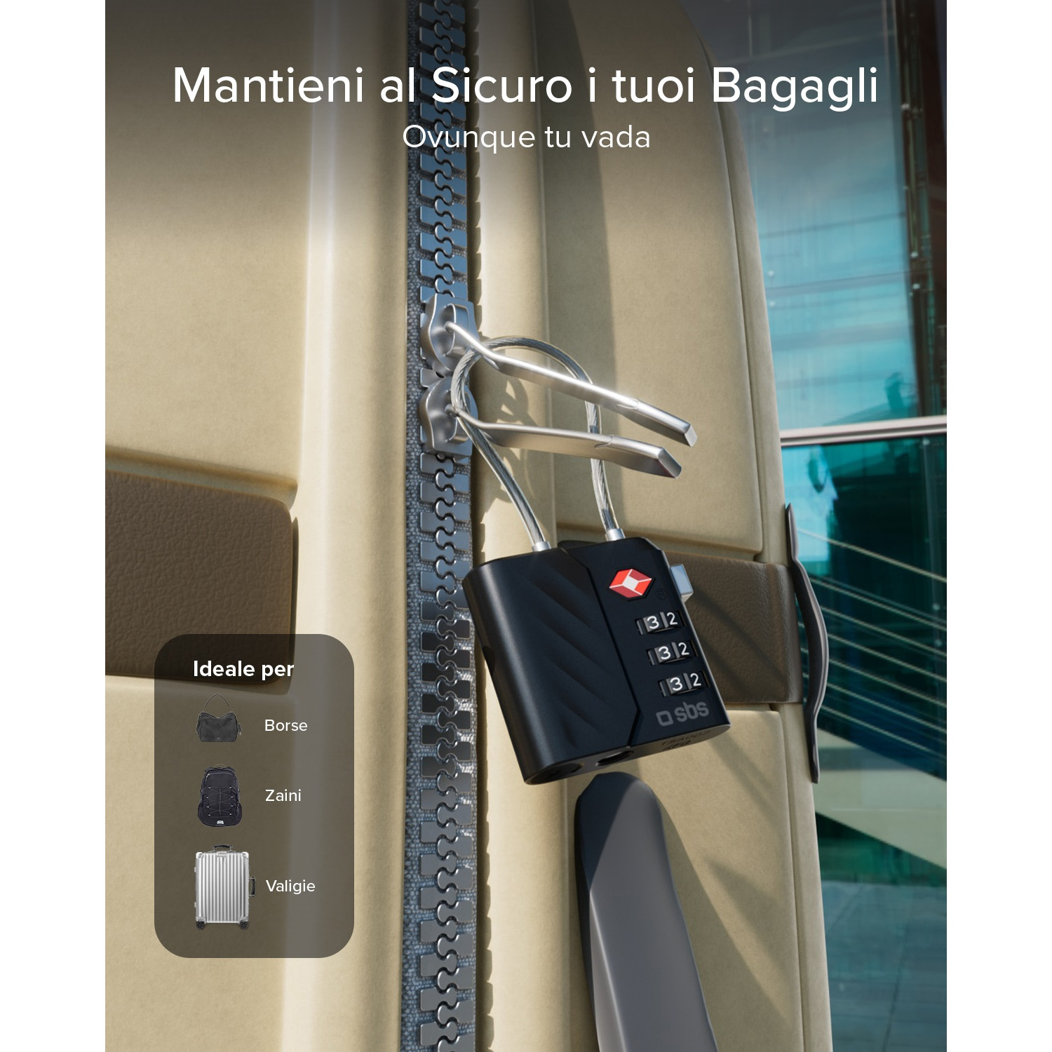 Un lucchetto TSA nero con combinazione su una valigia, ideale per borse, zaini.