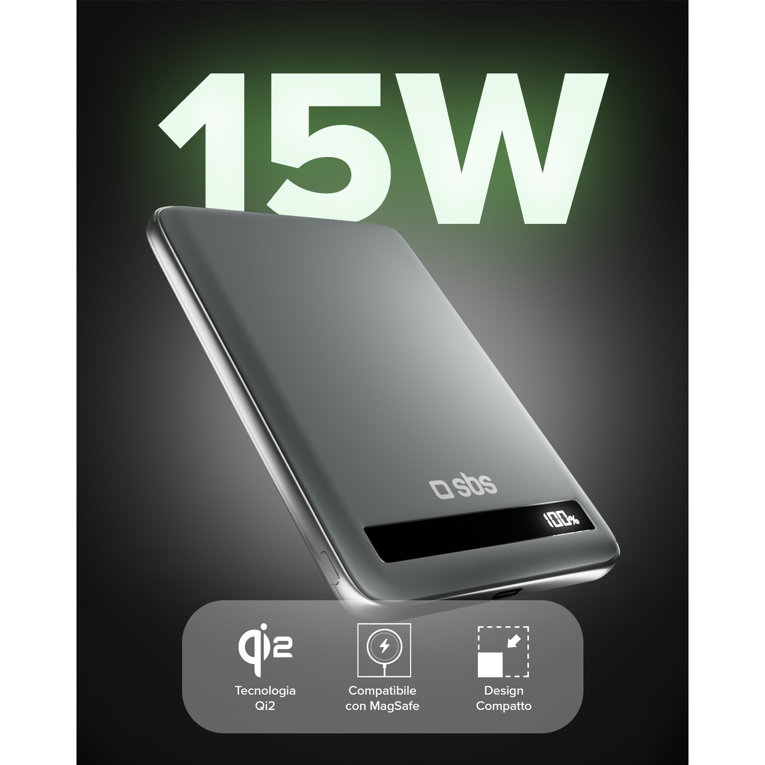 Caricatore Qi2 grigio da 15W. Mostra 100%. Compatto e compatibile MagSafe.