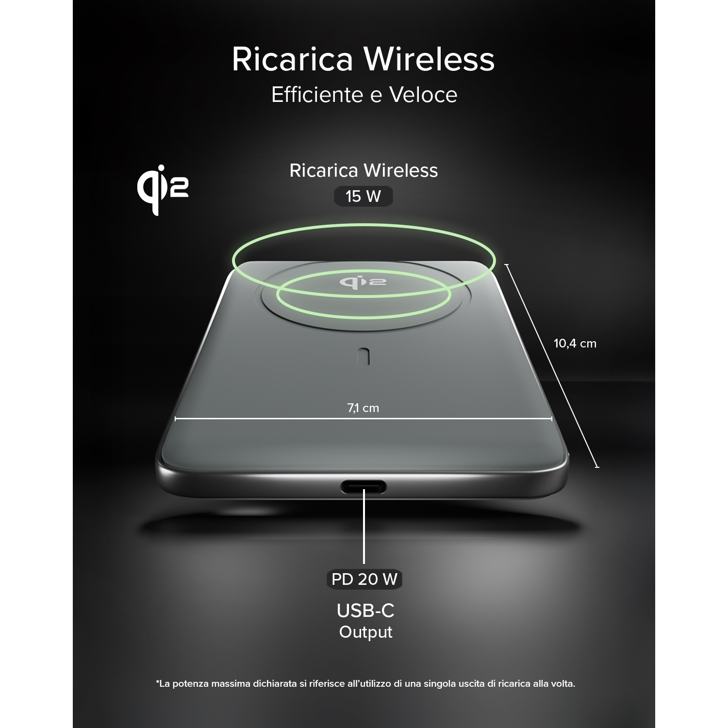 Caricatore Qi grigio 15W, 7,1x10,4 cm, con porta USB-C.