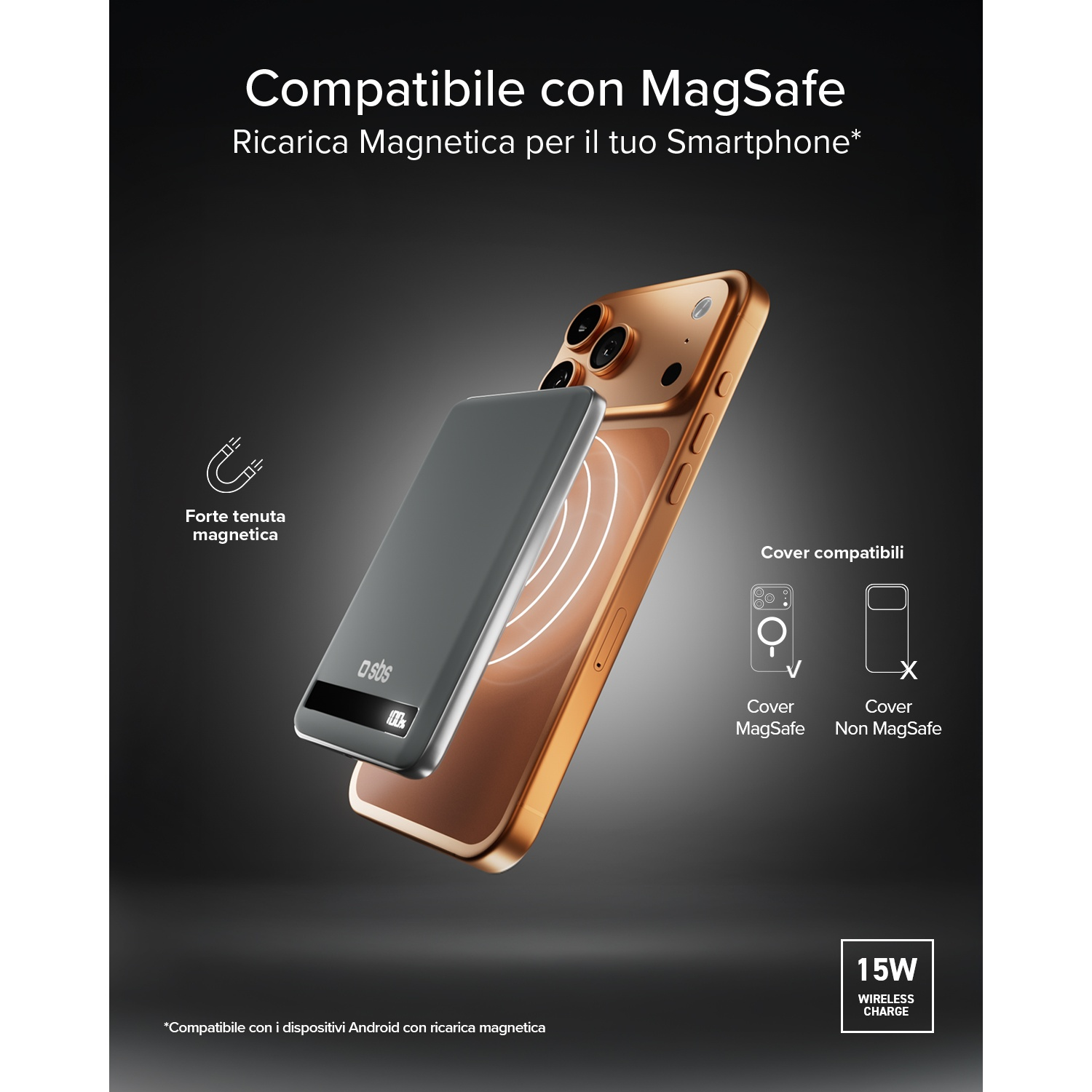 Caricatore MagSafe grigio si attacca a smartphone dorato. Ricarica wireless 15W.