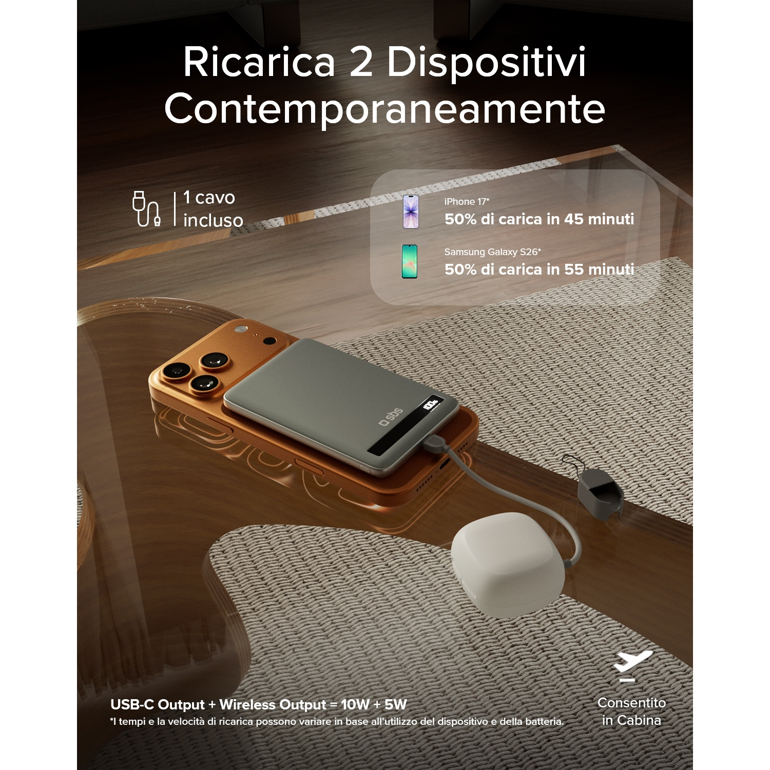 Un caricatore grigio con un telefono dorato e cavo bianco su superficie testurizzata.