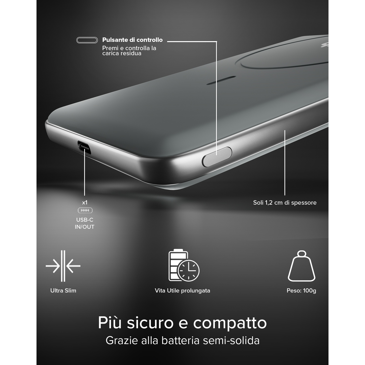 Power bank grigio, 1,2 cm spessore, 100g peso, ultra sottile, USB-C.