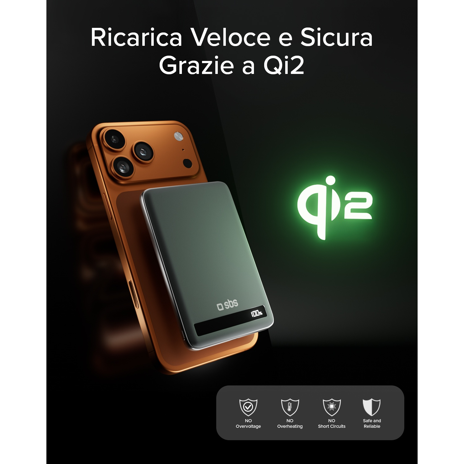 Uno smartphone color bronzo con caricatore Qi2 verde che mostra il 100%.