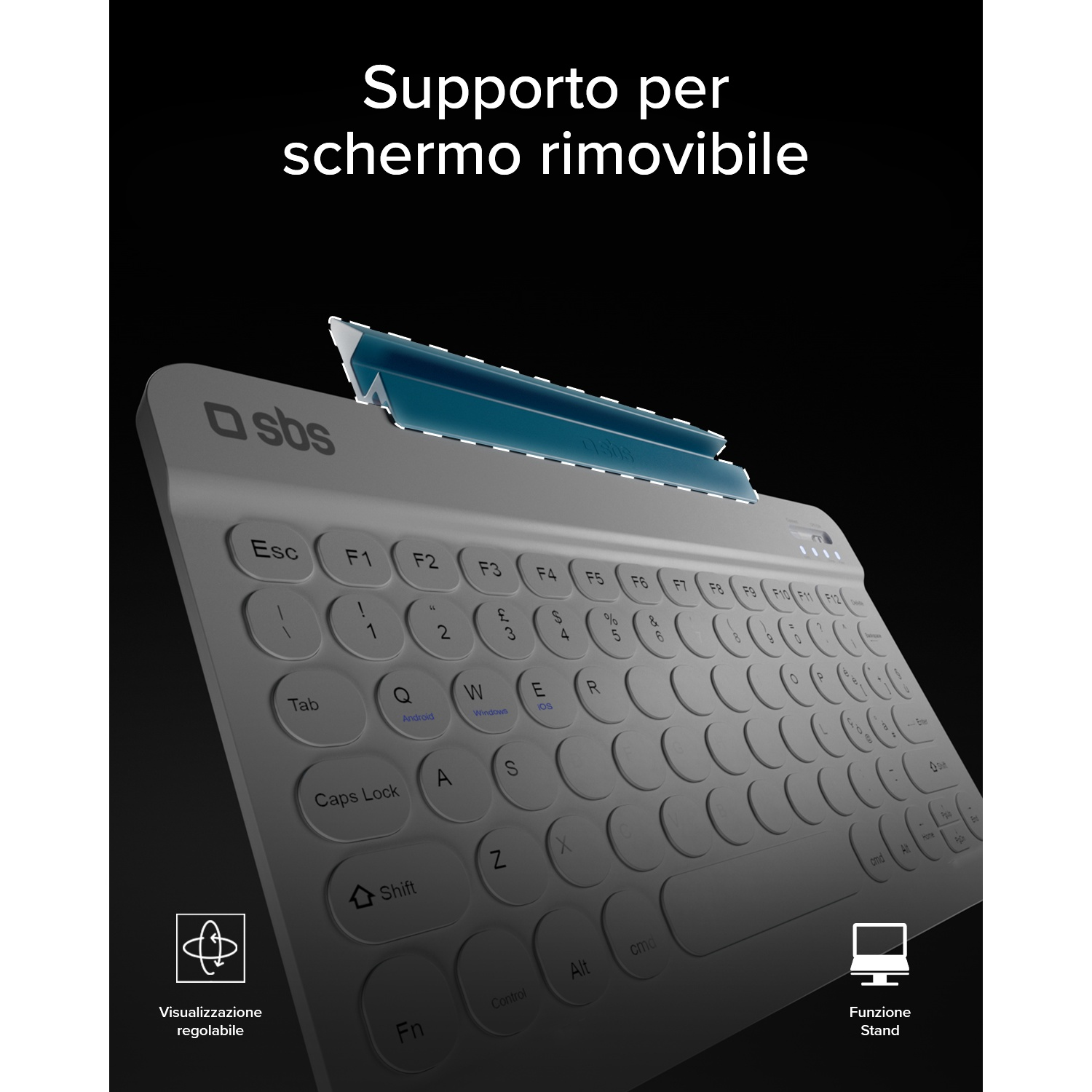 Tastiera grigia con staffe blu e testo 'Supporto per schermo rimovibile'.