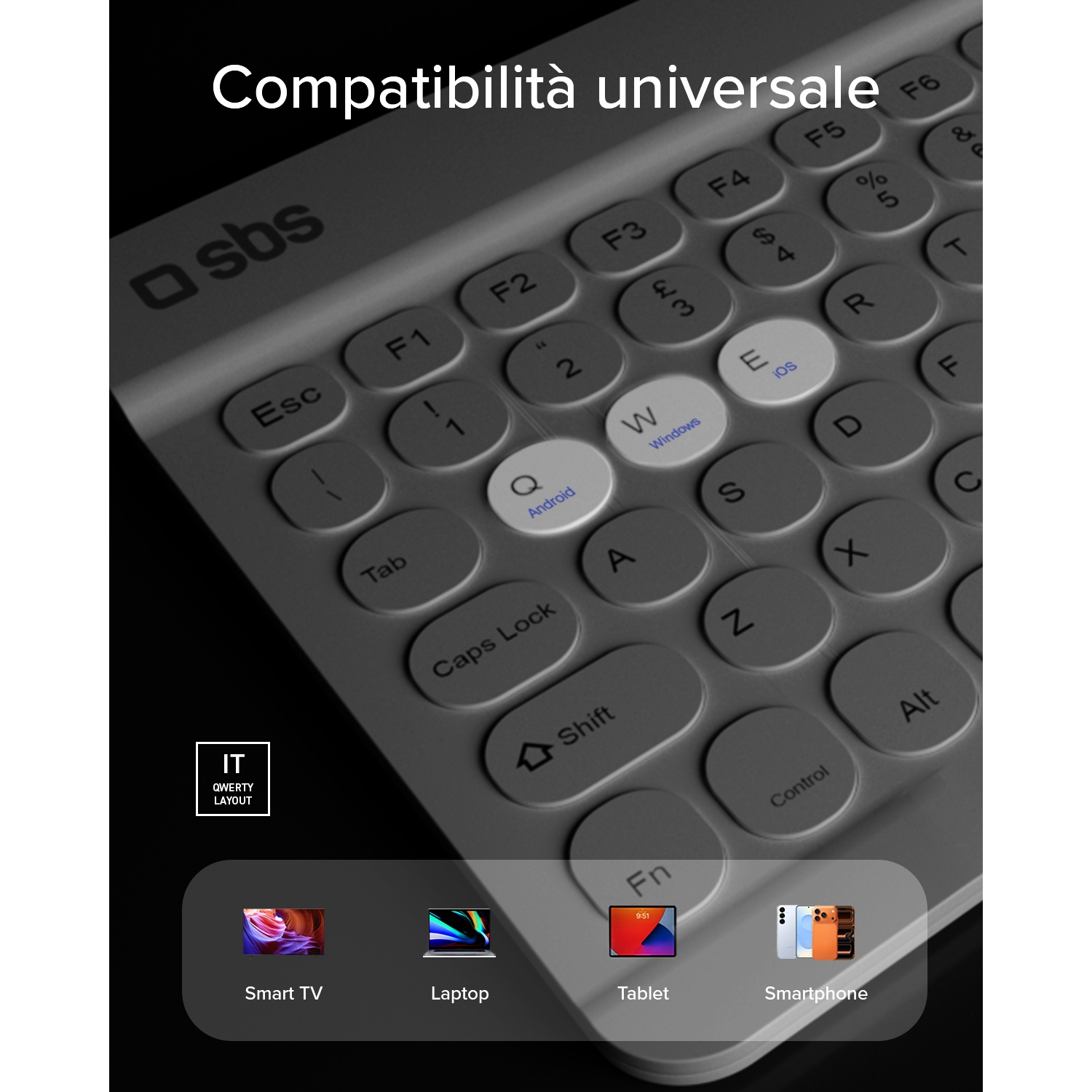 Primo piano di una tastiera con pulsanti per Android, iOS e Windows.