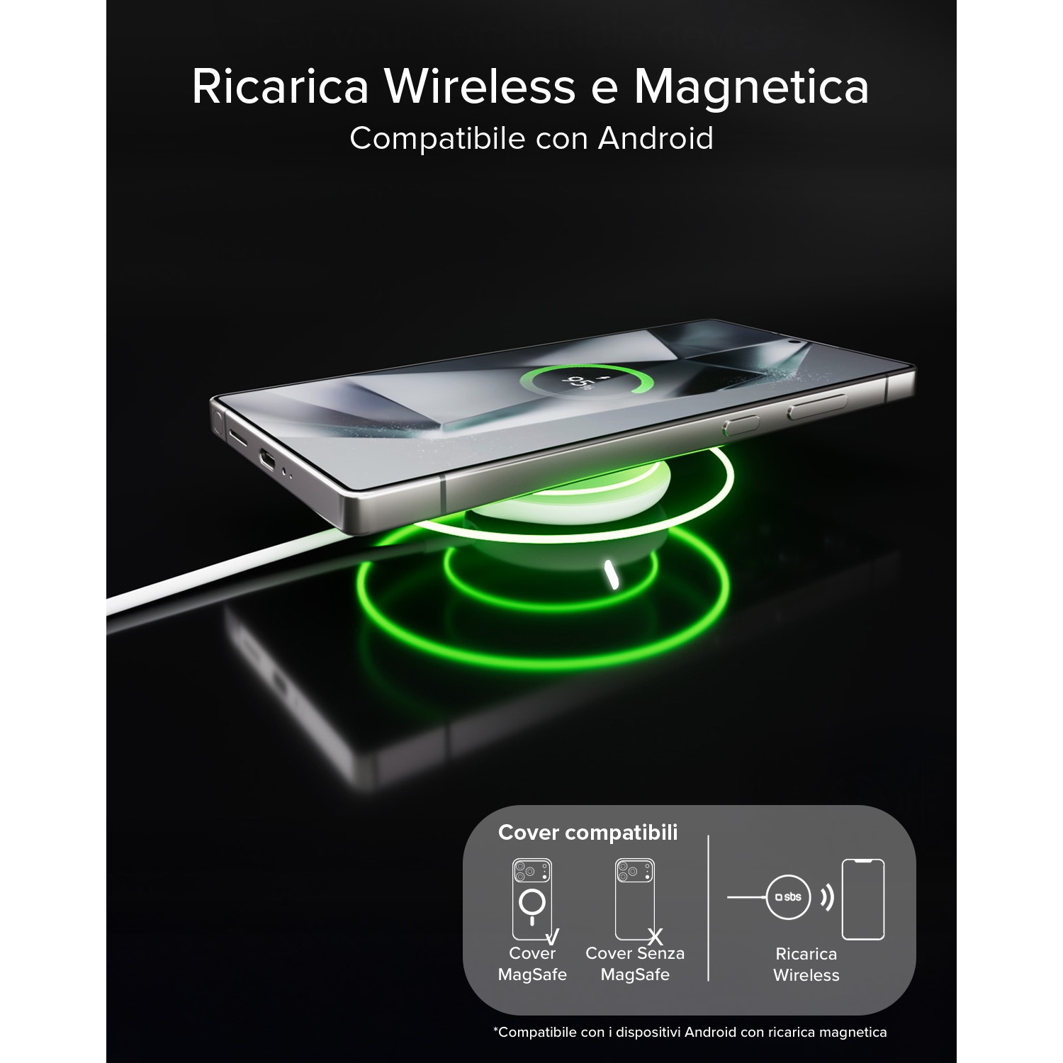 Uno smartphone si ricarica wireless su una base di ricarica verde brillante.