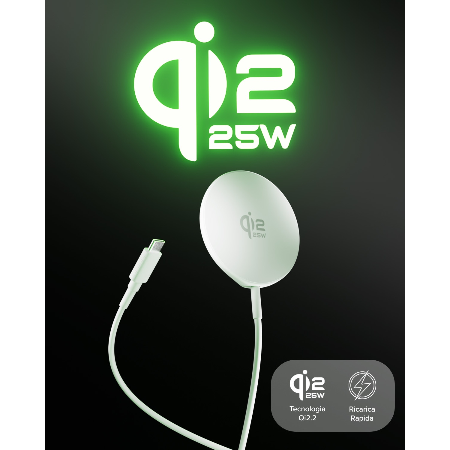 Caricatore bianco Qi2 25W con cavo USB-C su sfondo scuro.