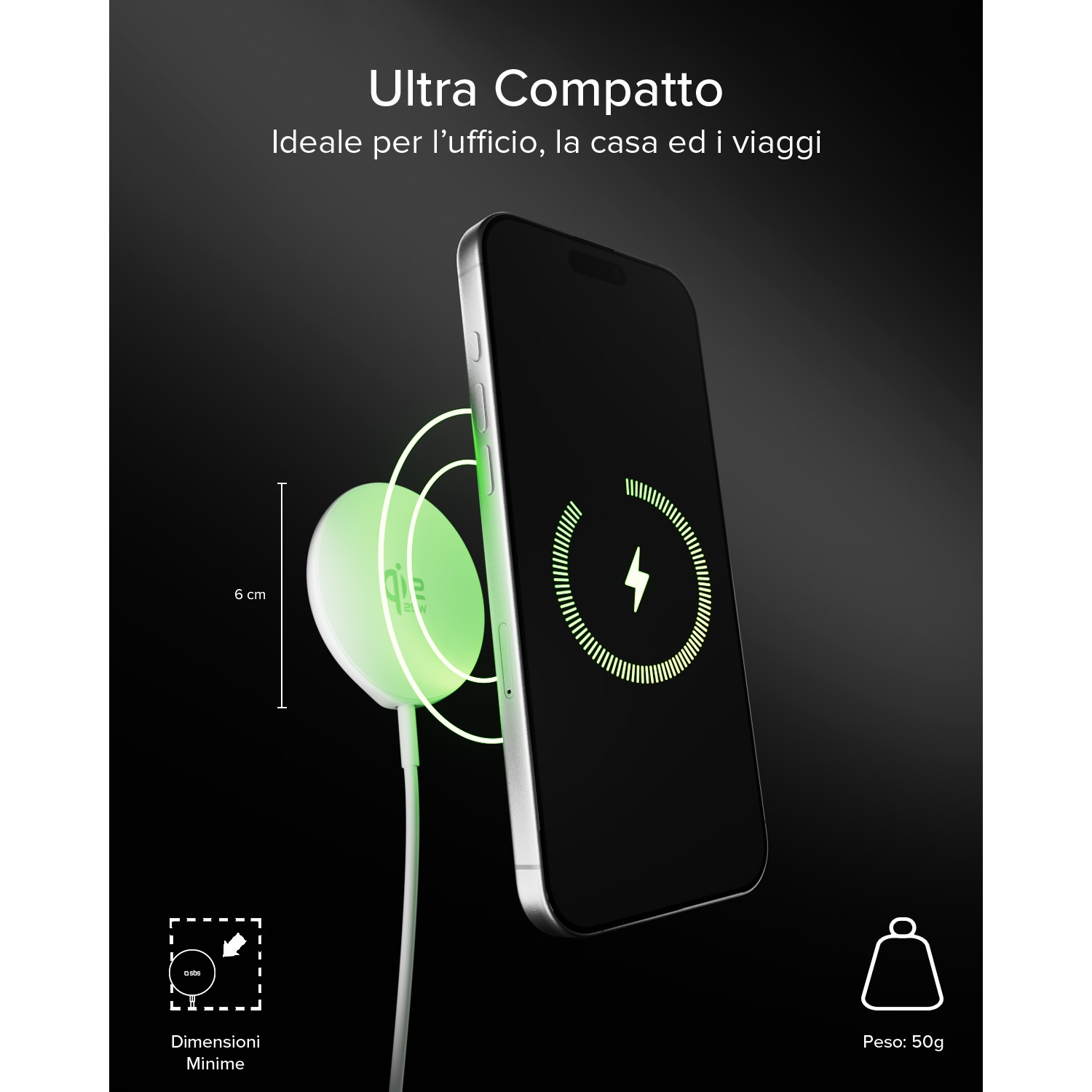 Un caricabatterie elegante e compatto alimenta uno smartphone di 6 cm e 50g.