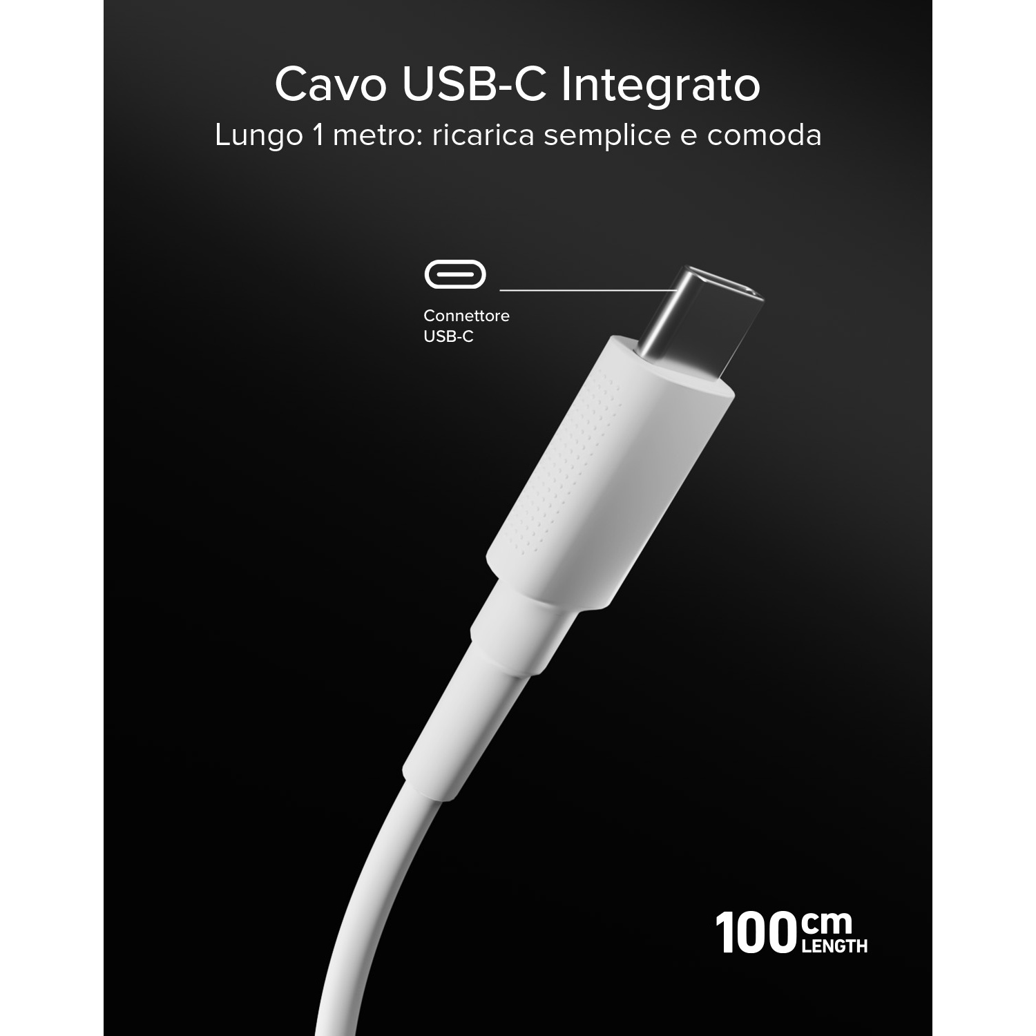 Un cavo USB-C bianco con connettore da 100 cm, per una ricarica semplice e comoda.