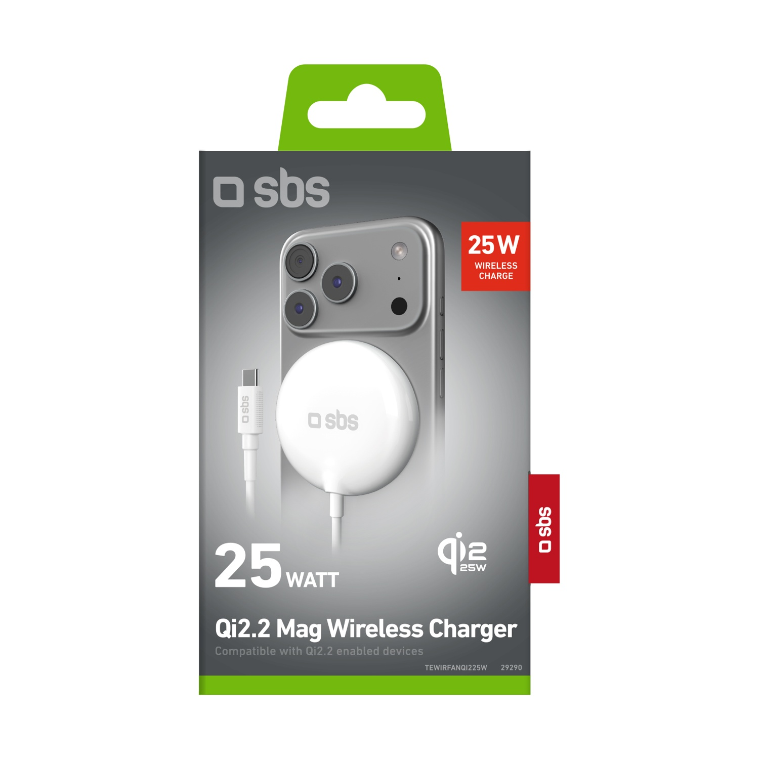 Caricatore wireless magnetico SBS 25W Qi2.2 con cavo USB-C su confezione.