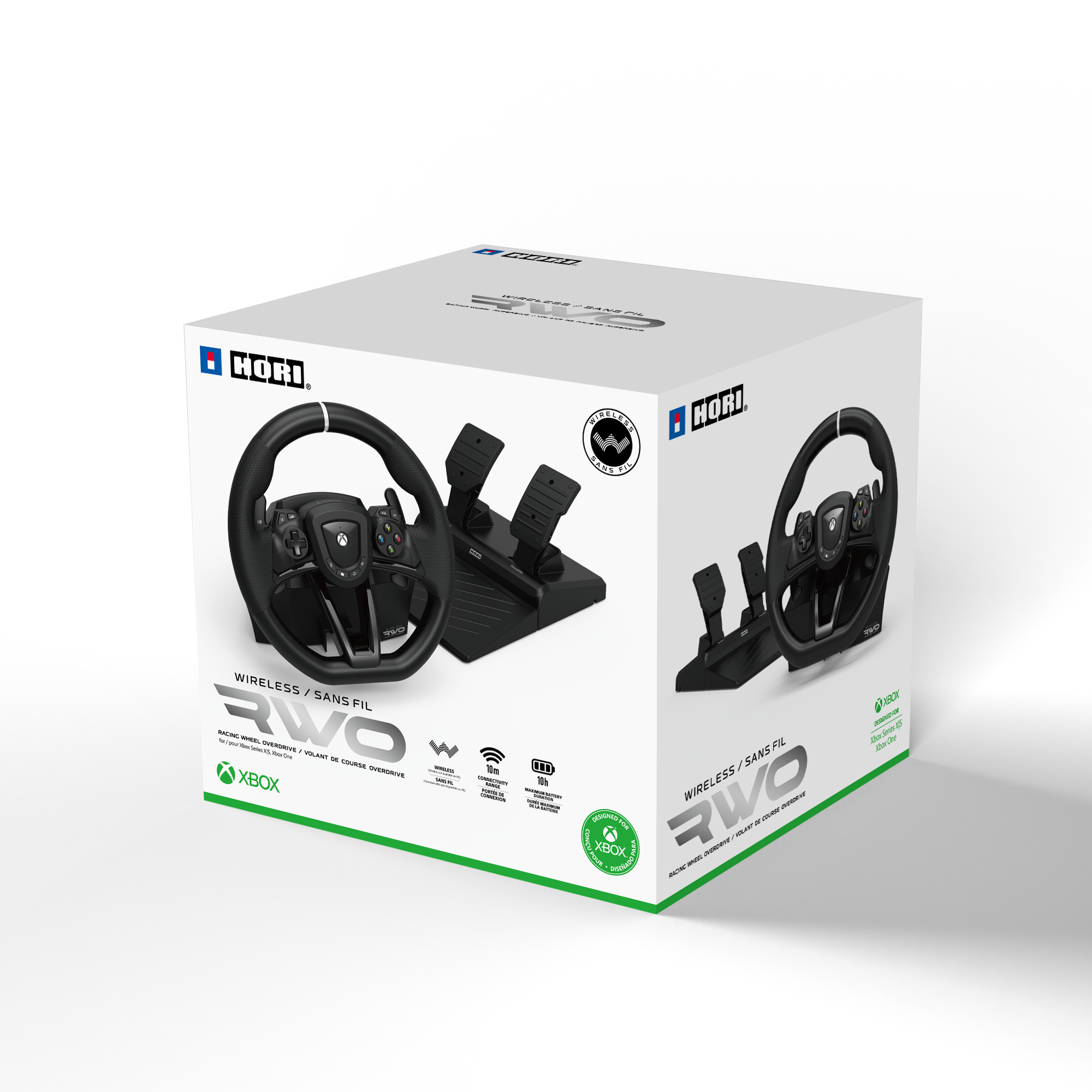 Xbox için Hori RWO Overdrive kablosuz yarış direksiyonu ve pedalları ambalajı.