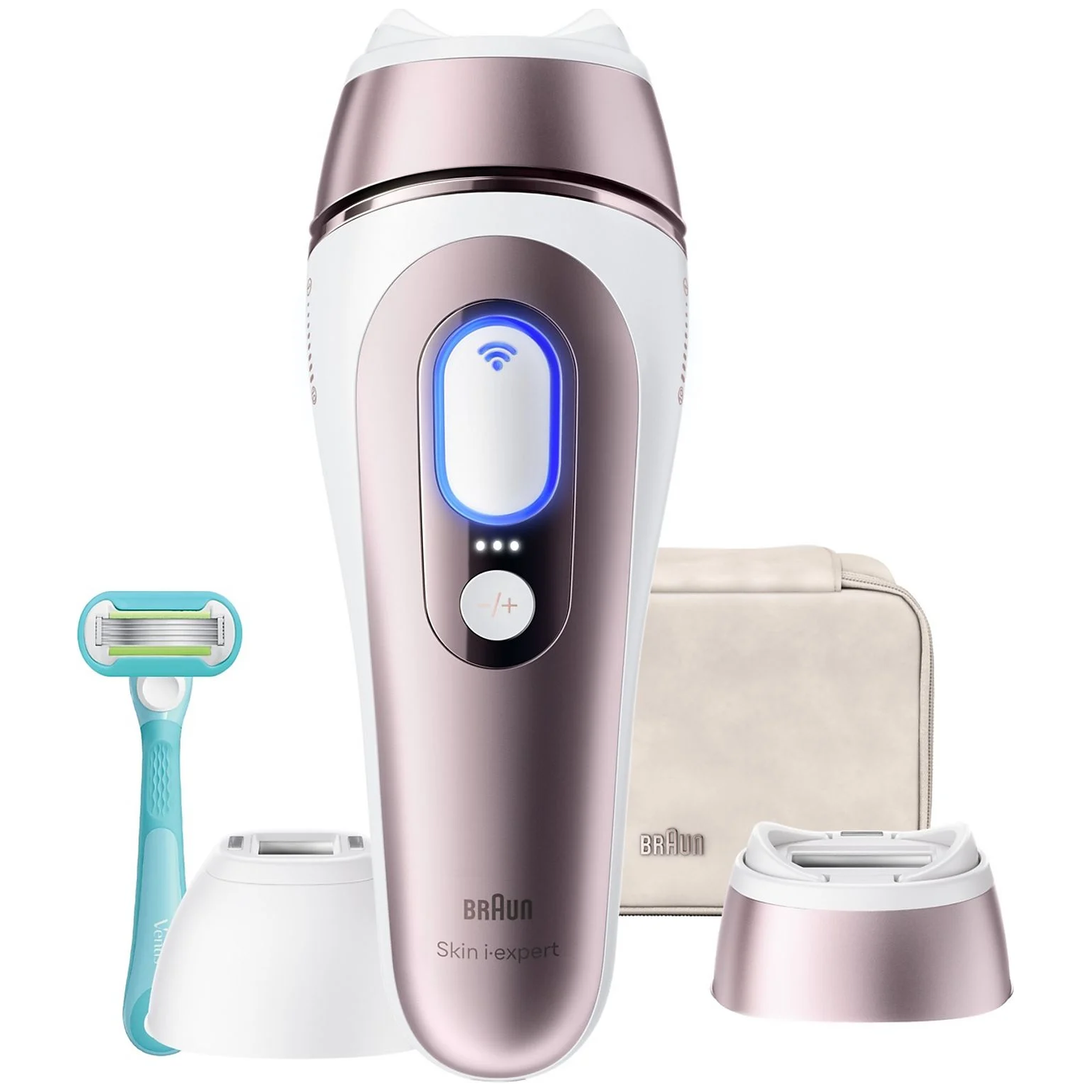 Braun IPL device with razor, charging stands, and pouch.