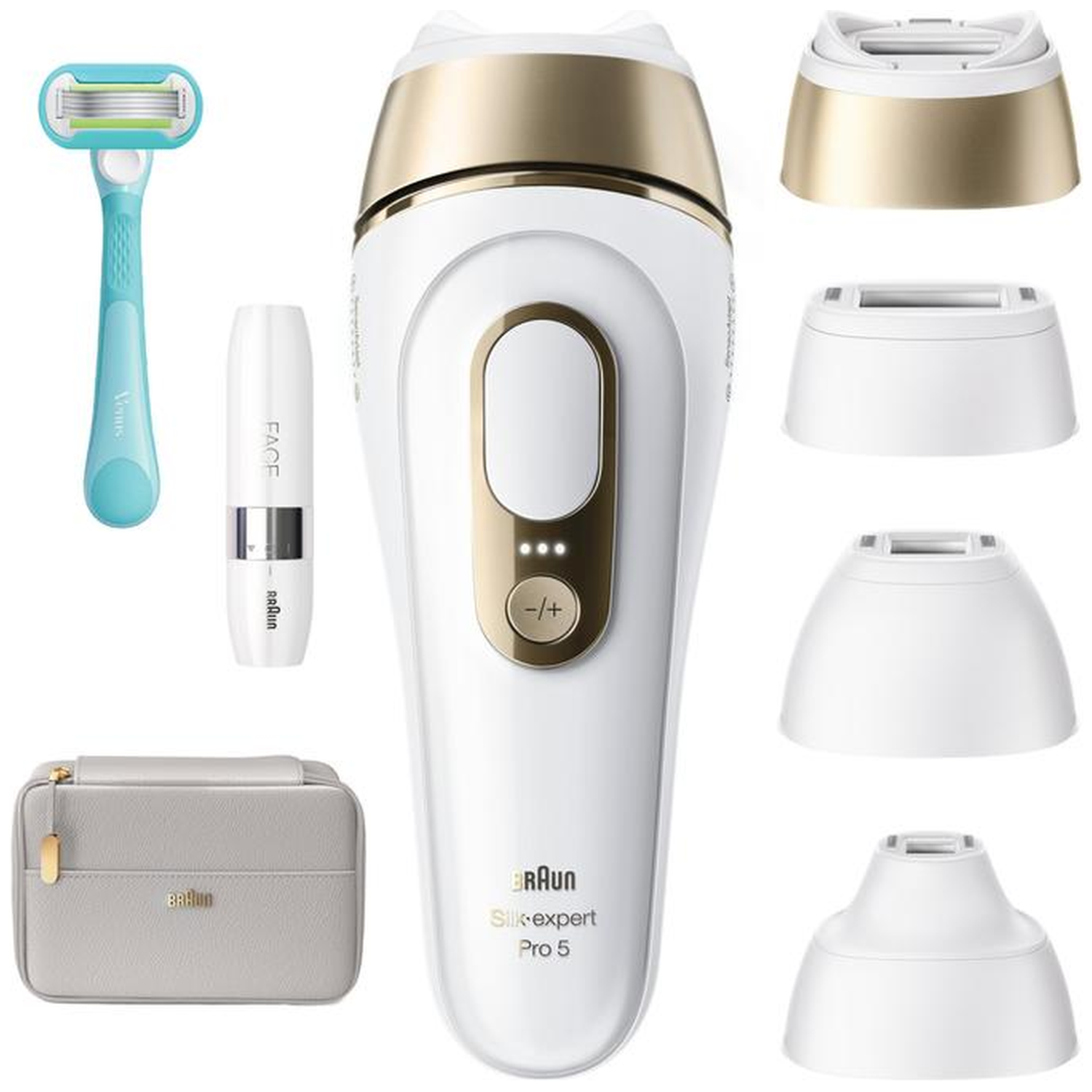 White and gold hair removal devices with accessories, razor, pouch.