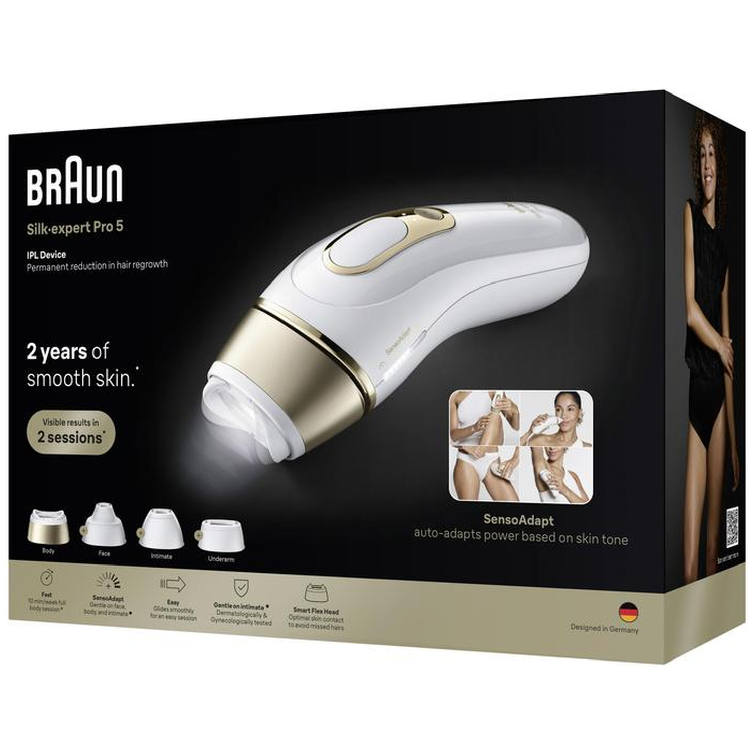 Braun Silk-expert Pro 5 IPL hair removal device on black packaging with images.