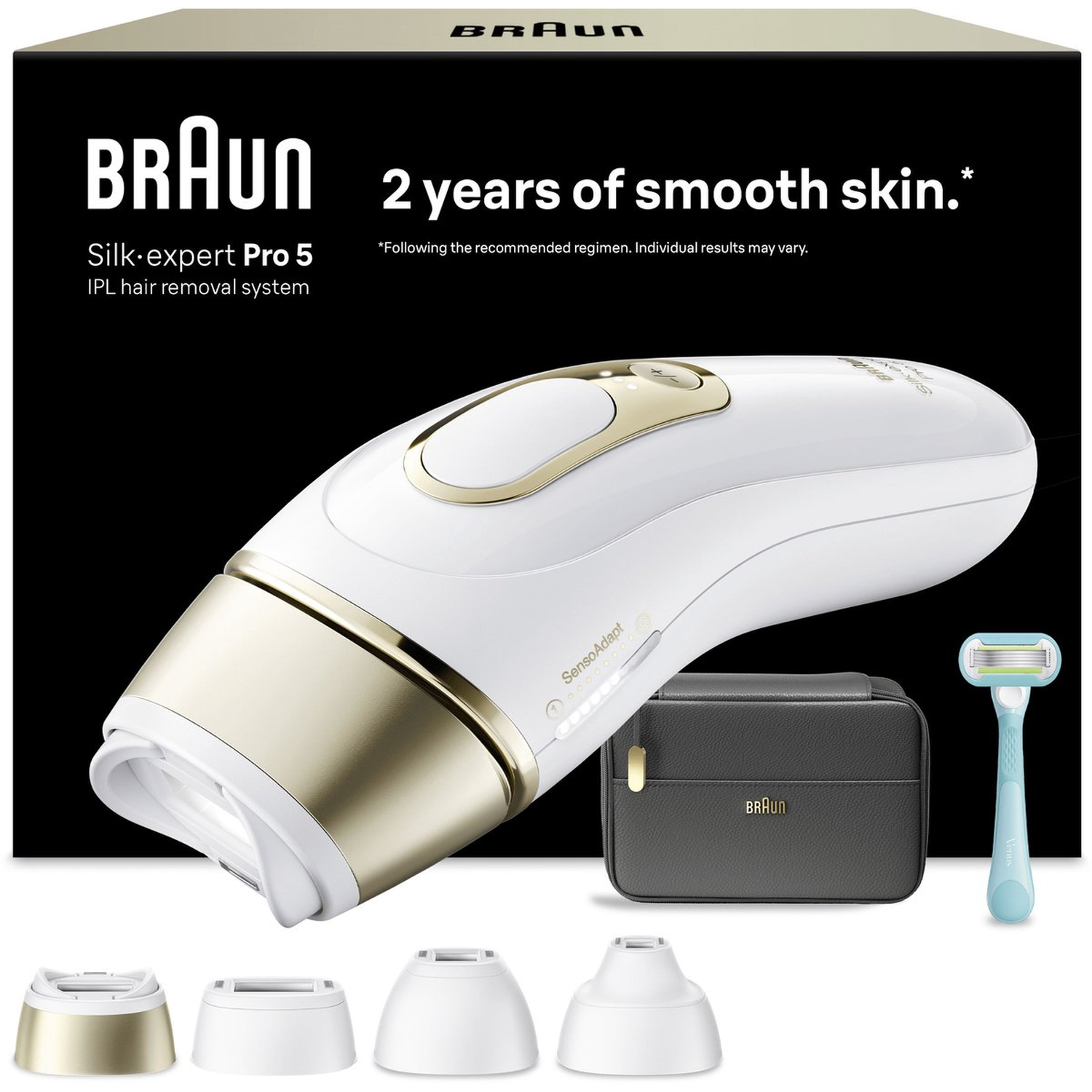 Braun IPL hair removal device with attachments, pouch, and razor.