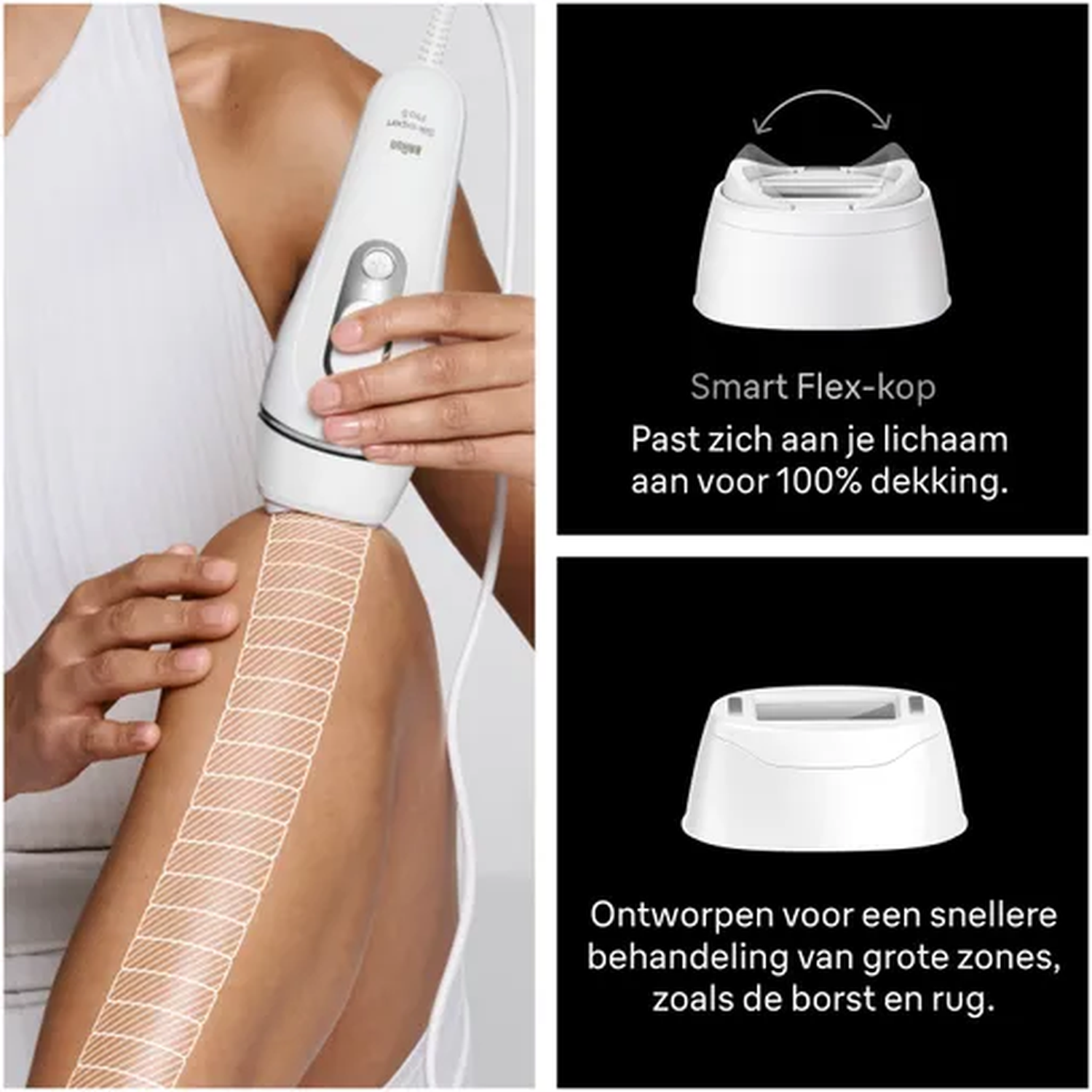 A person uses an epilator on their leg, with graphics showing flexible attachments.